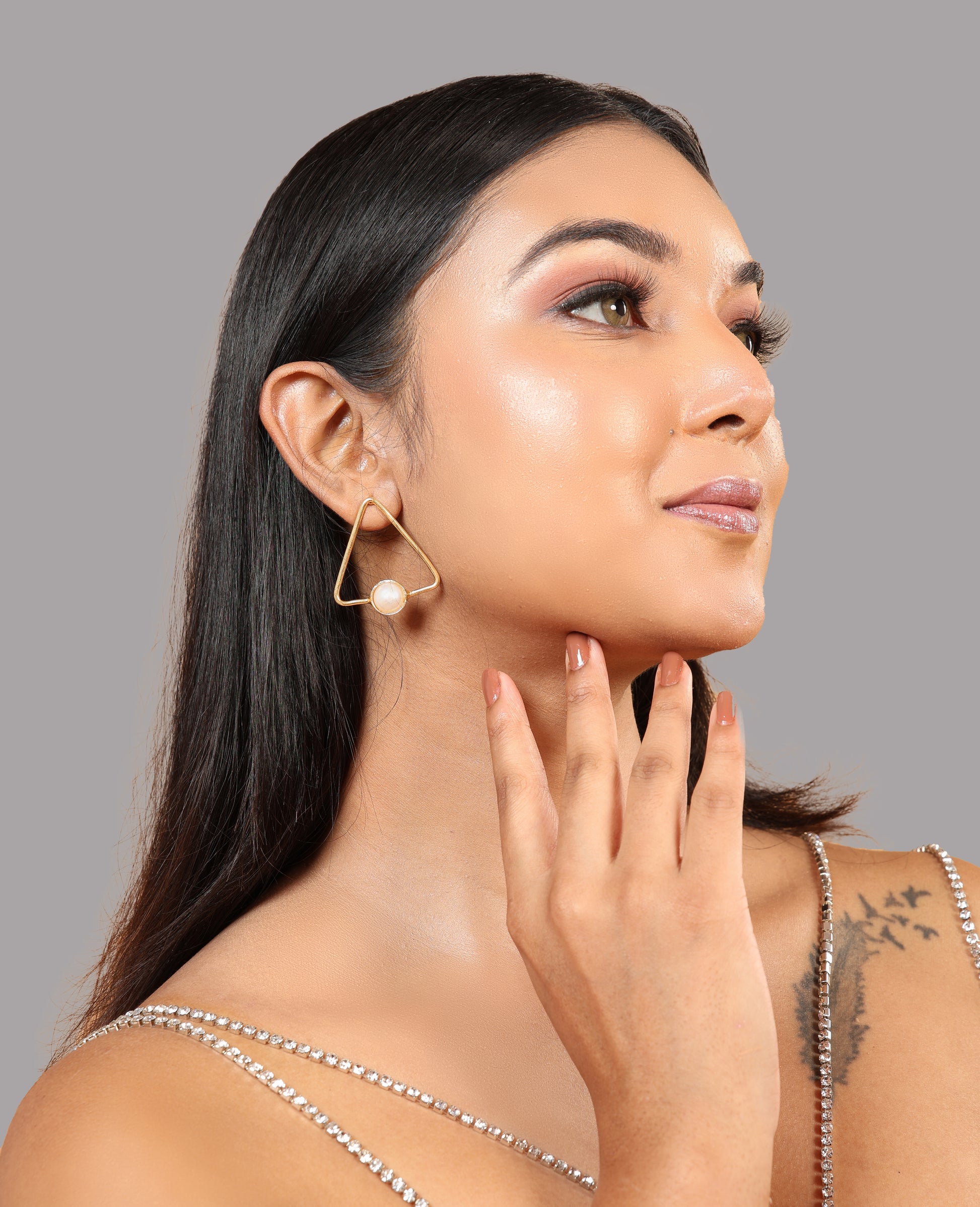 Glossy Stone Triangle Earrings-W