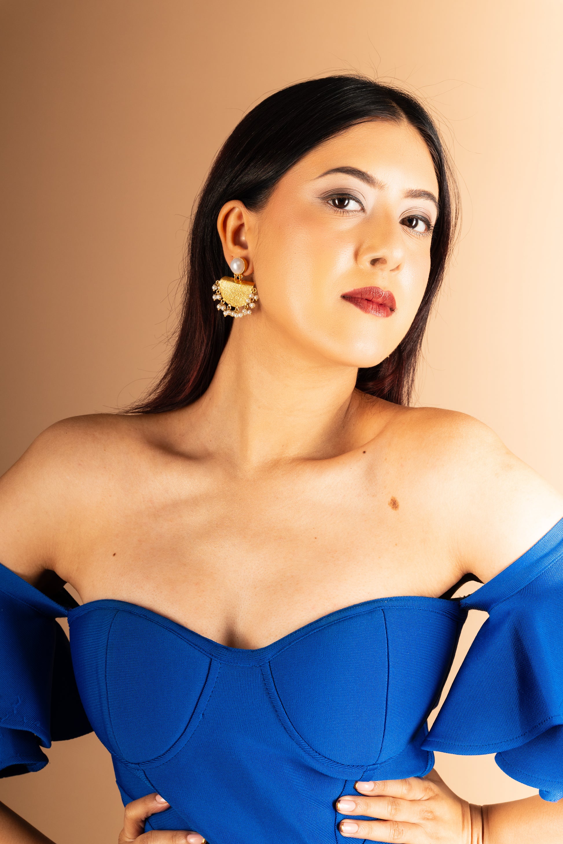 Hammered Semi-disc Clustered pearl Earrings