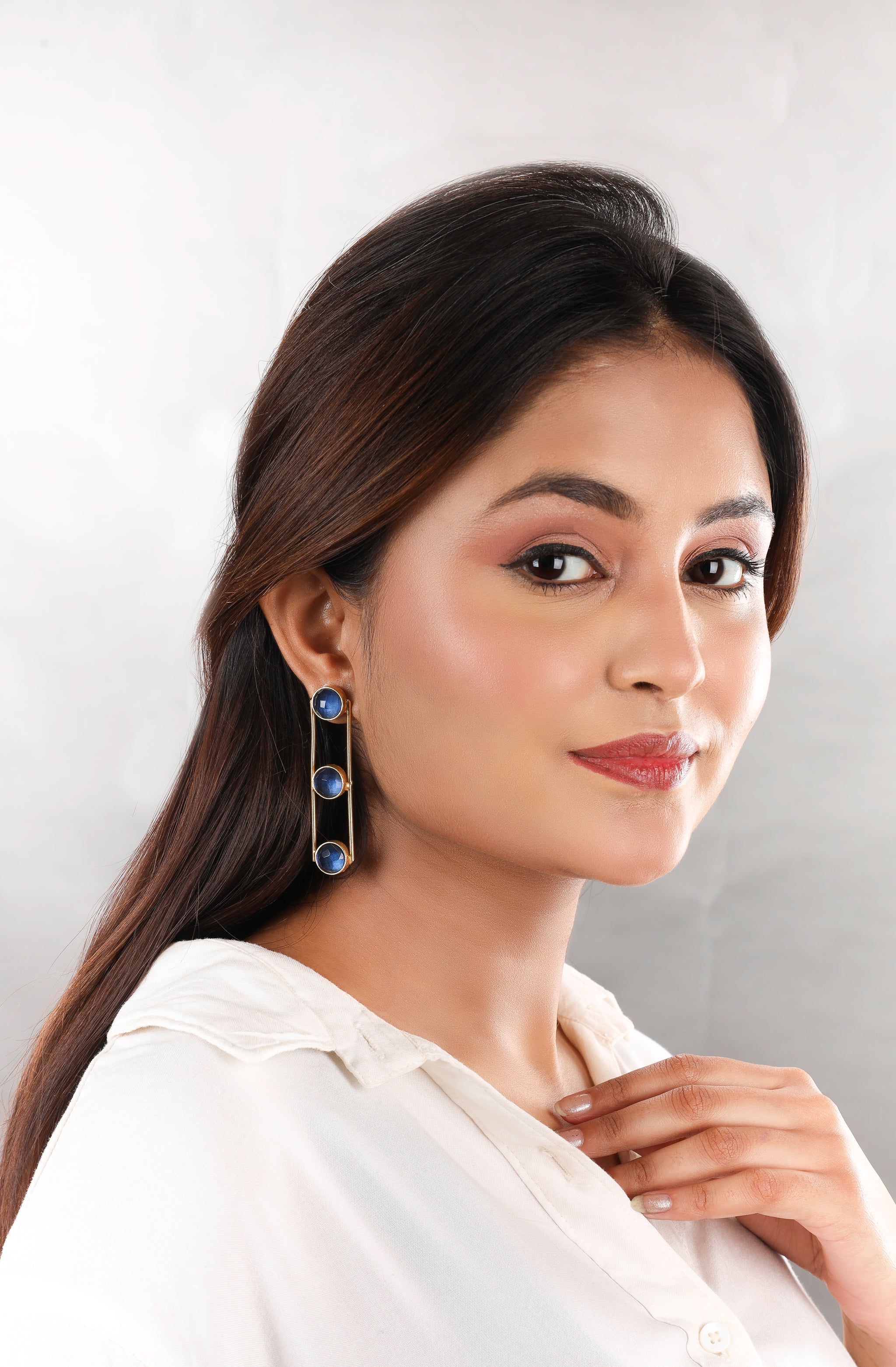 Tri Stone Dangle Earrings-Blue