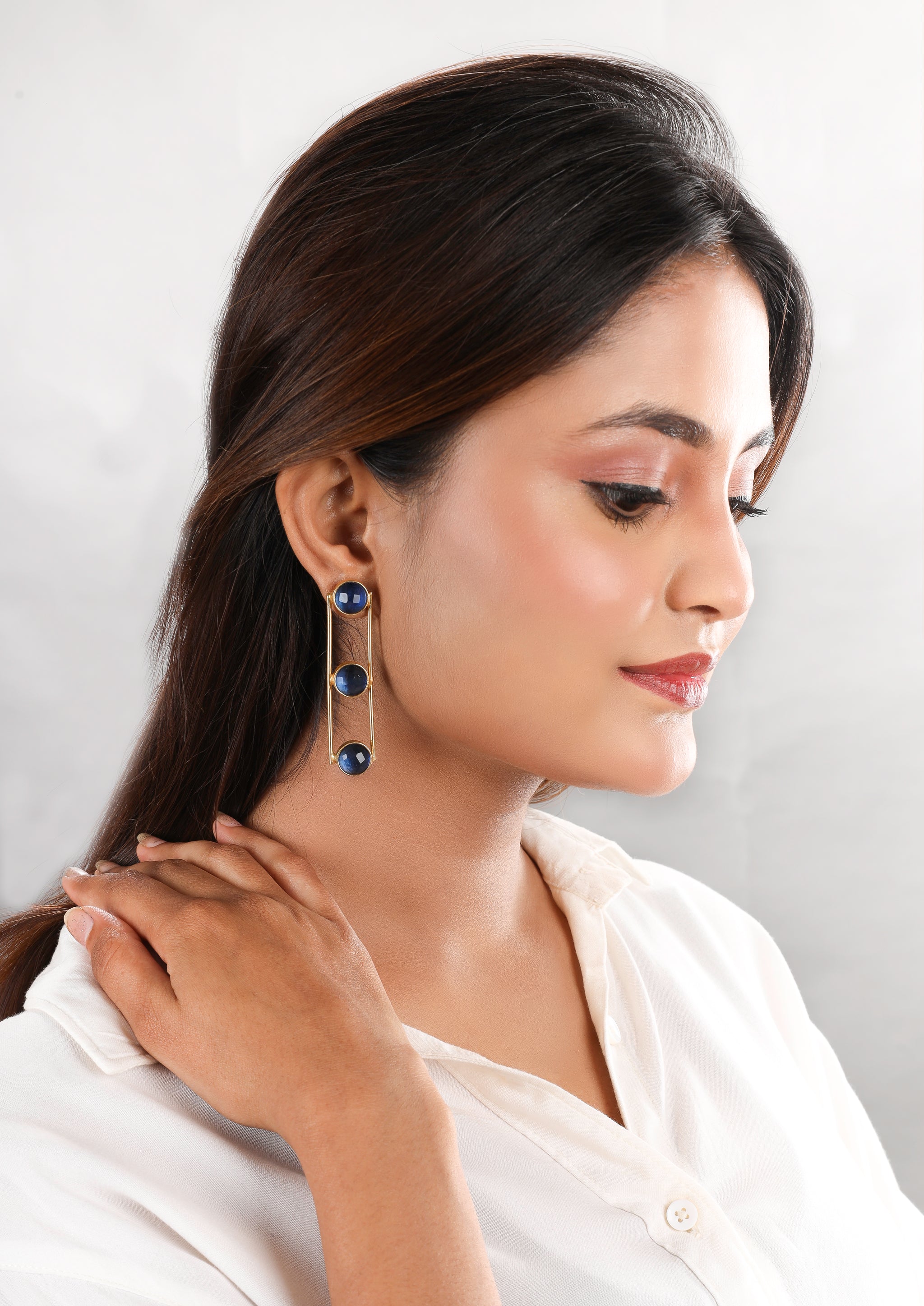 Tri Stone Dangle Earrings-Blue