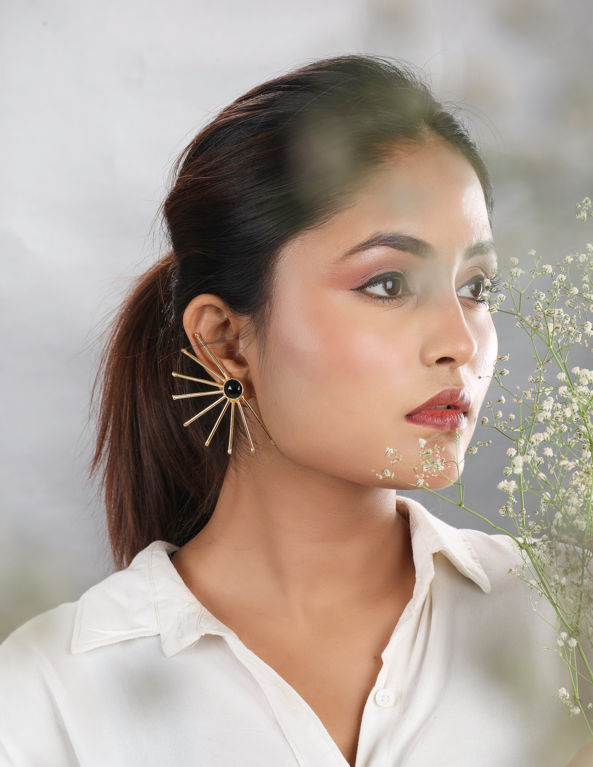 Earthy Stone Sun Wire Brass Earrings-B