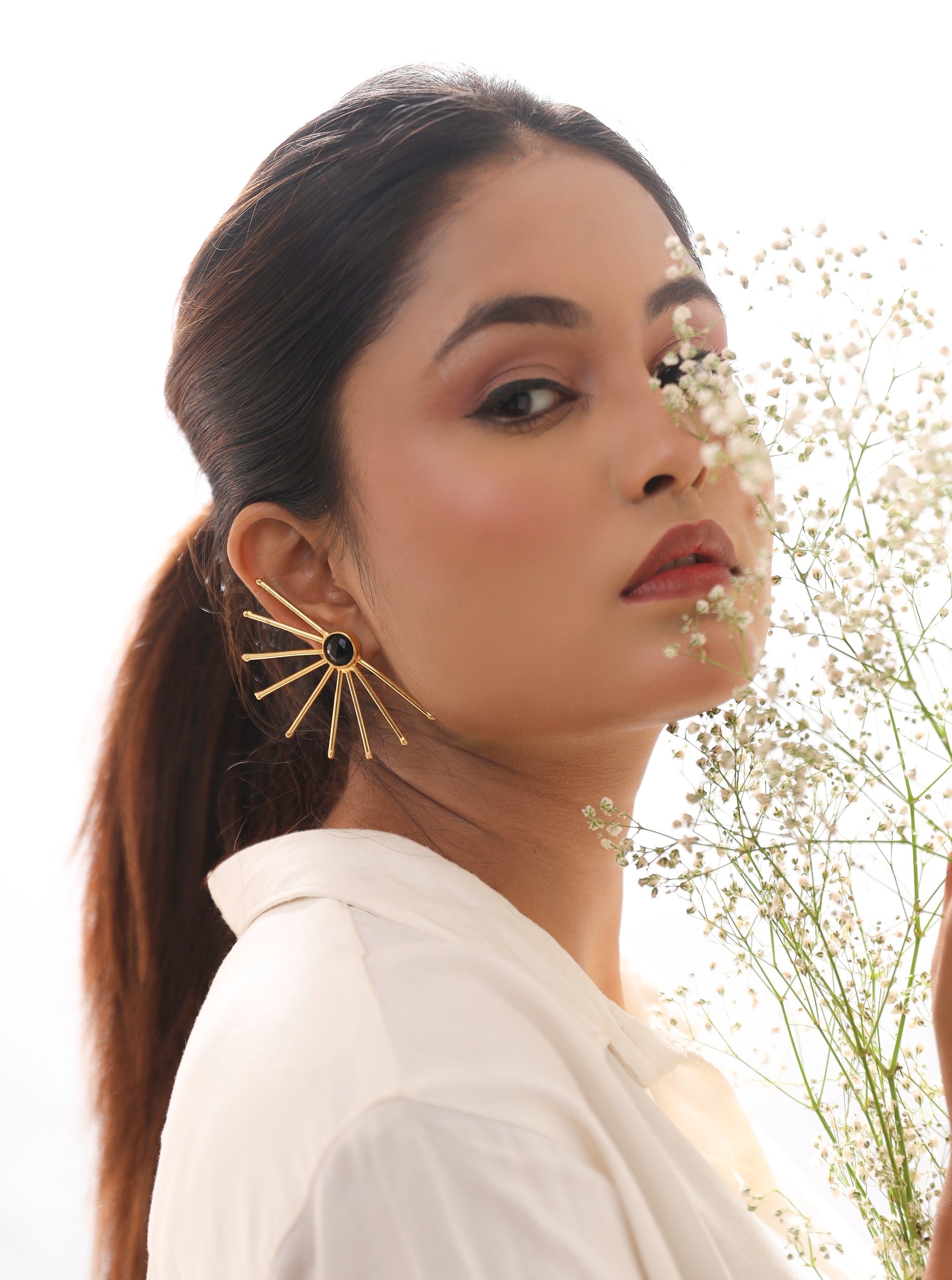 Earthy Stone Sun Wire Brass Earrings-B