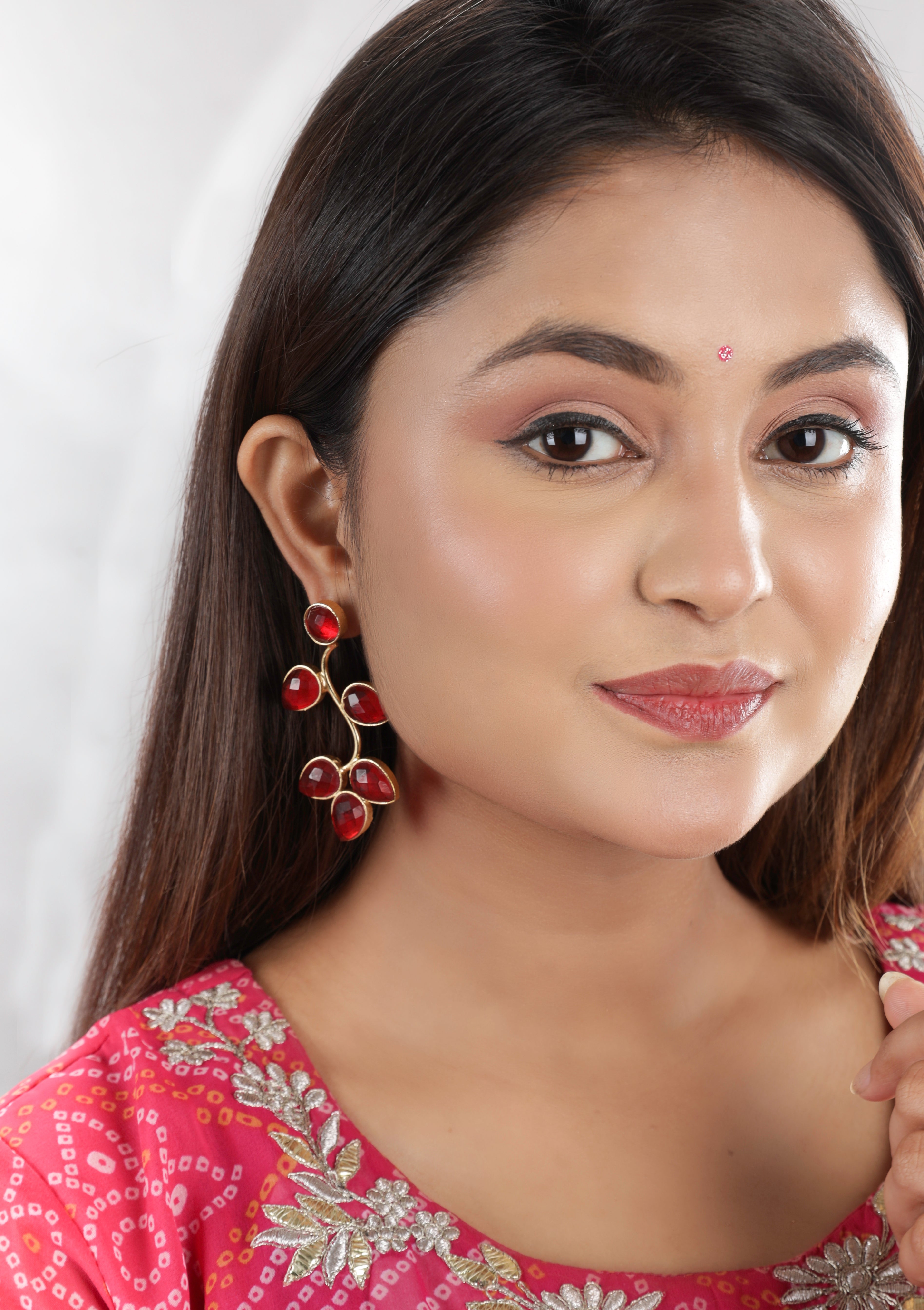 Crystal Cascade Wavy Leaf Earrings-Red