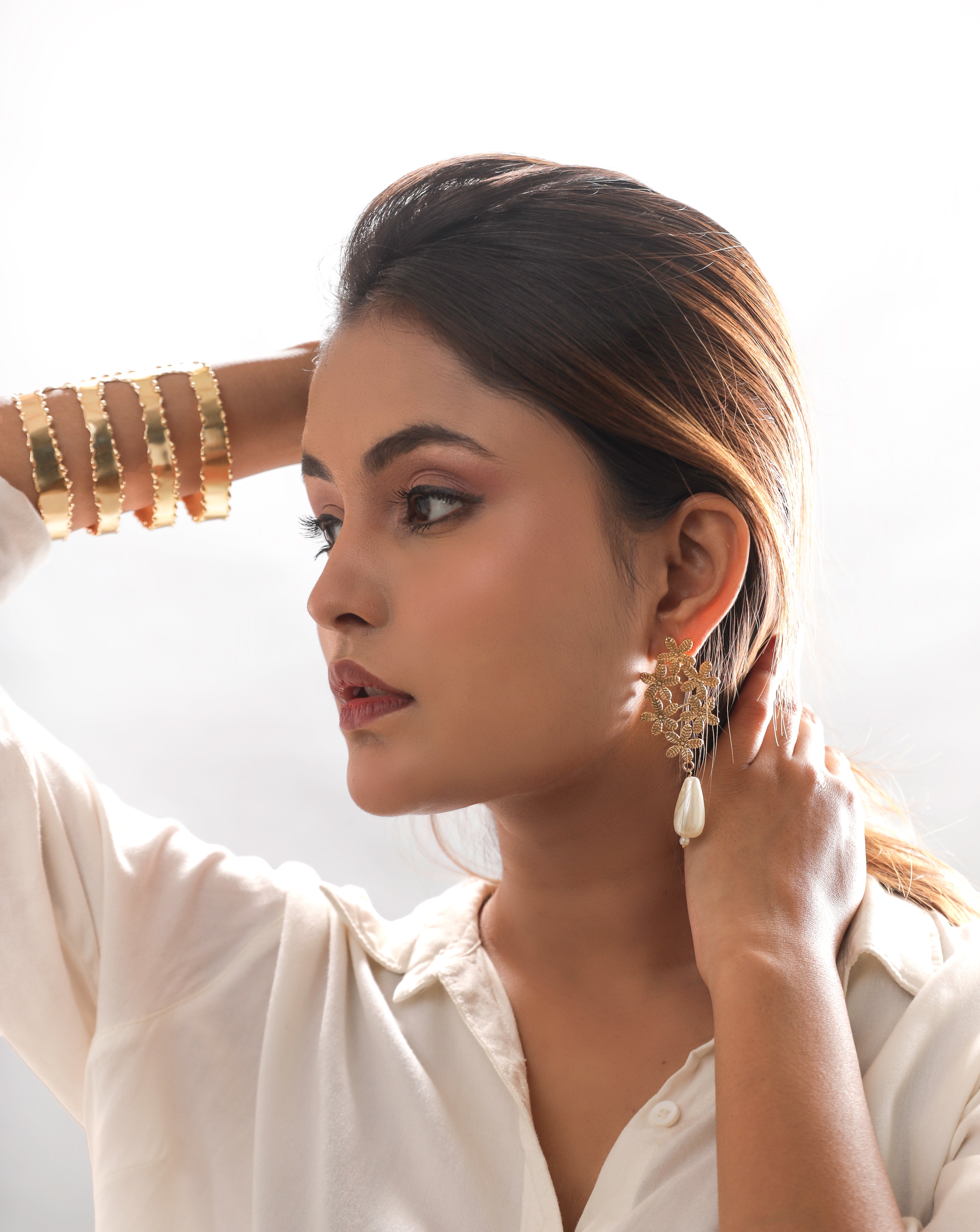 Multi Flower Pearl Drop Earrings