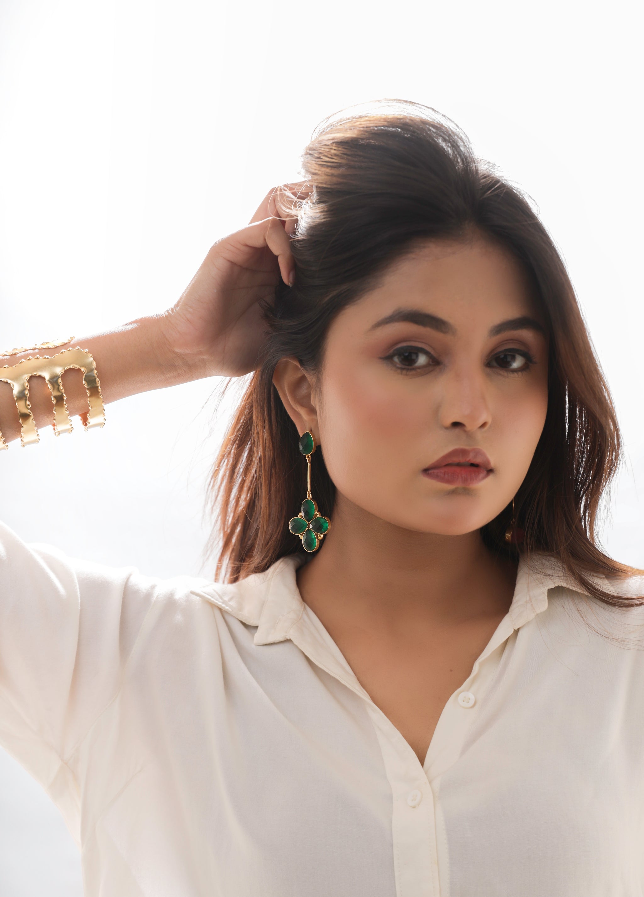 Floral Glossy Stone Dangle Earrings-Green