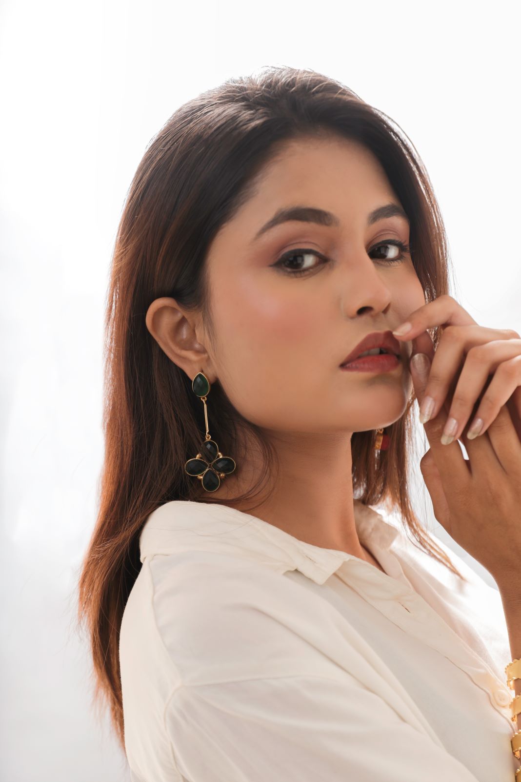 Floral Glossy Stone Dangle Earrings-Green