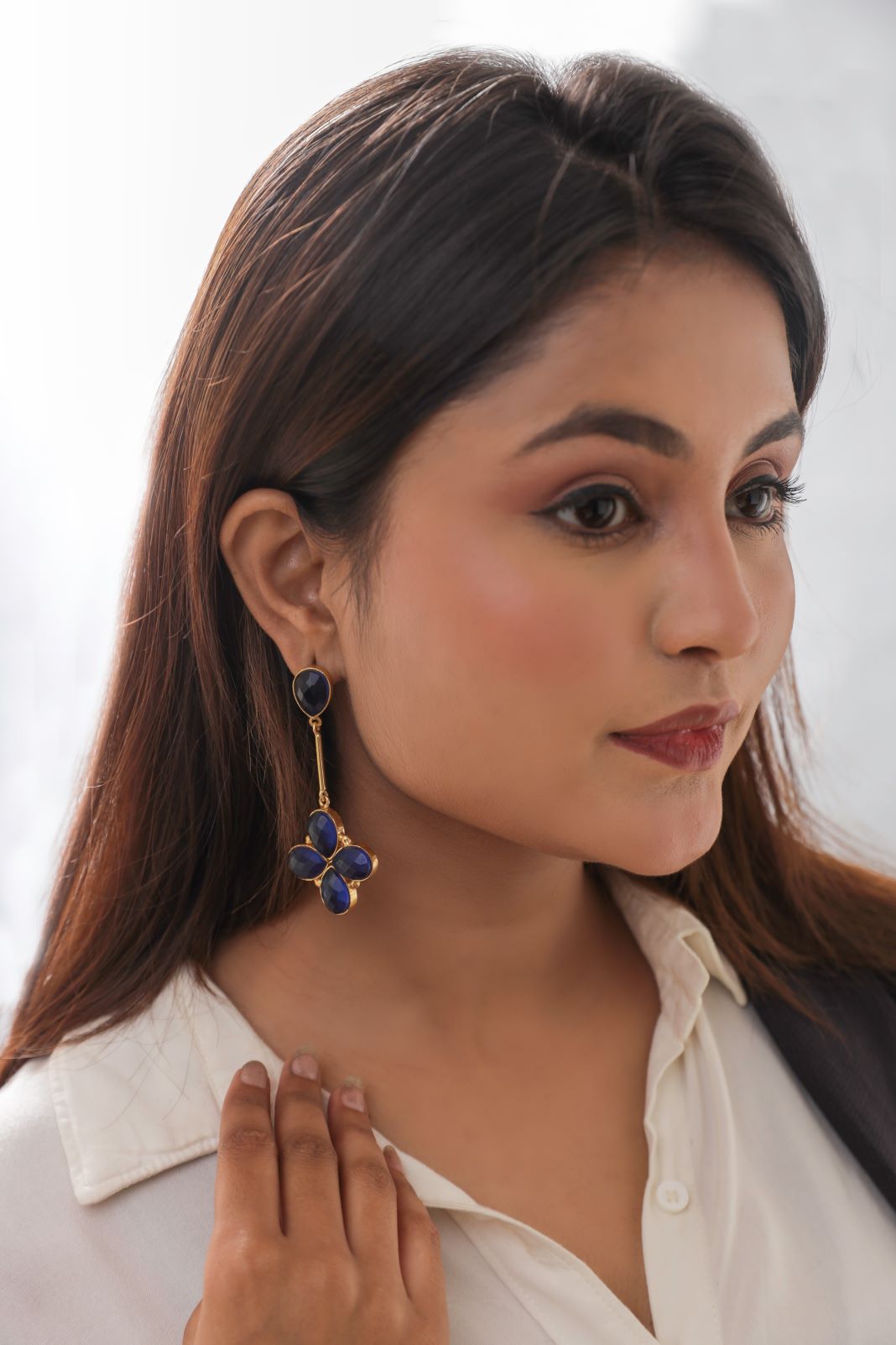 Floral Glossy Stone Dangle Earrings-Blue