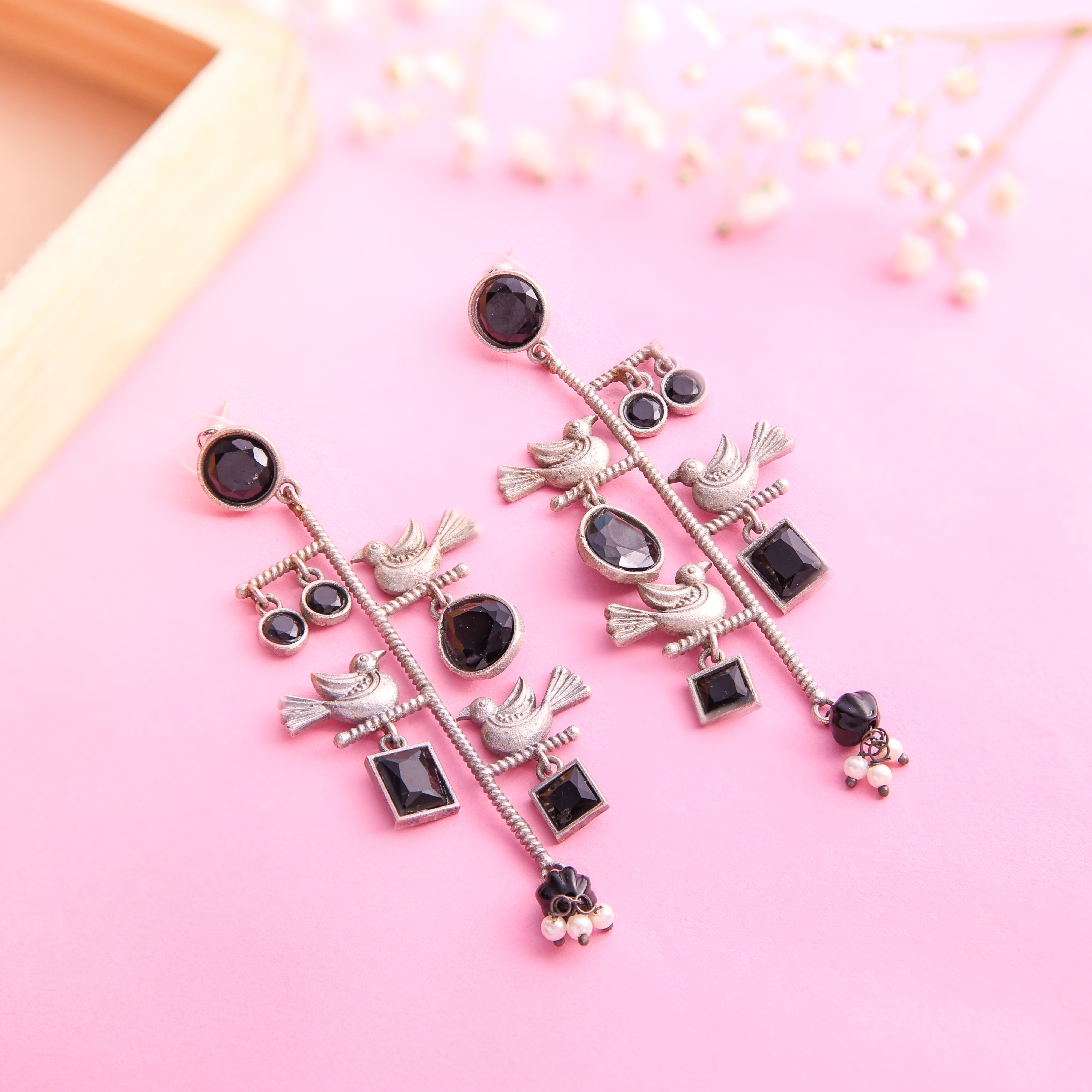 Black Stone Tree Oxidised Earrings