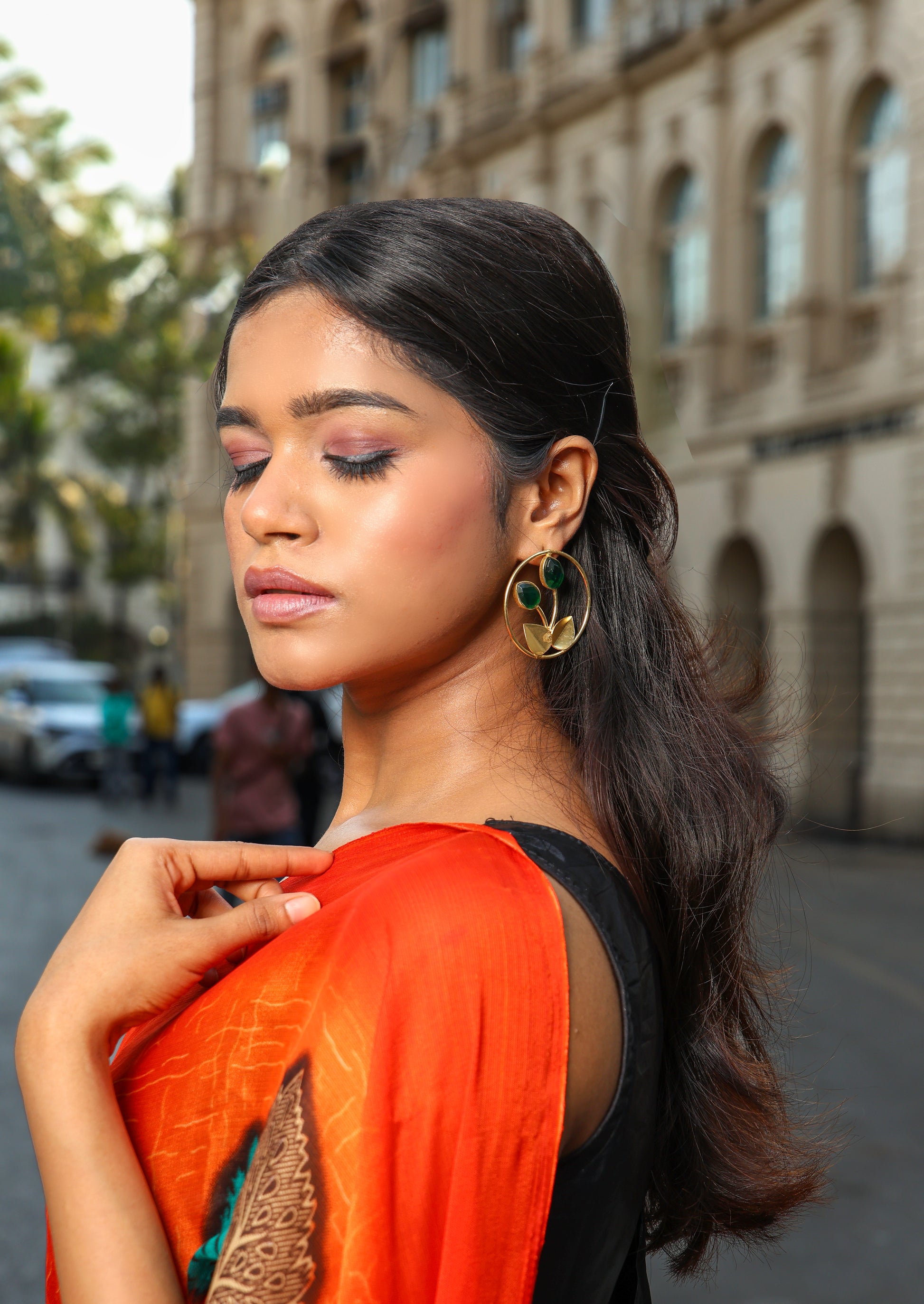 Dual Leaf Monalisa Stone Earrings-G
