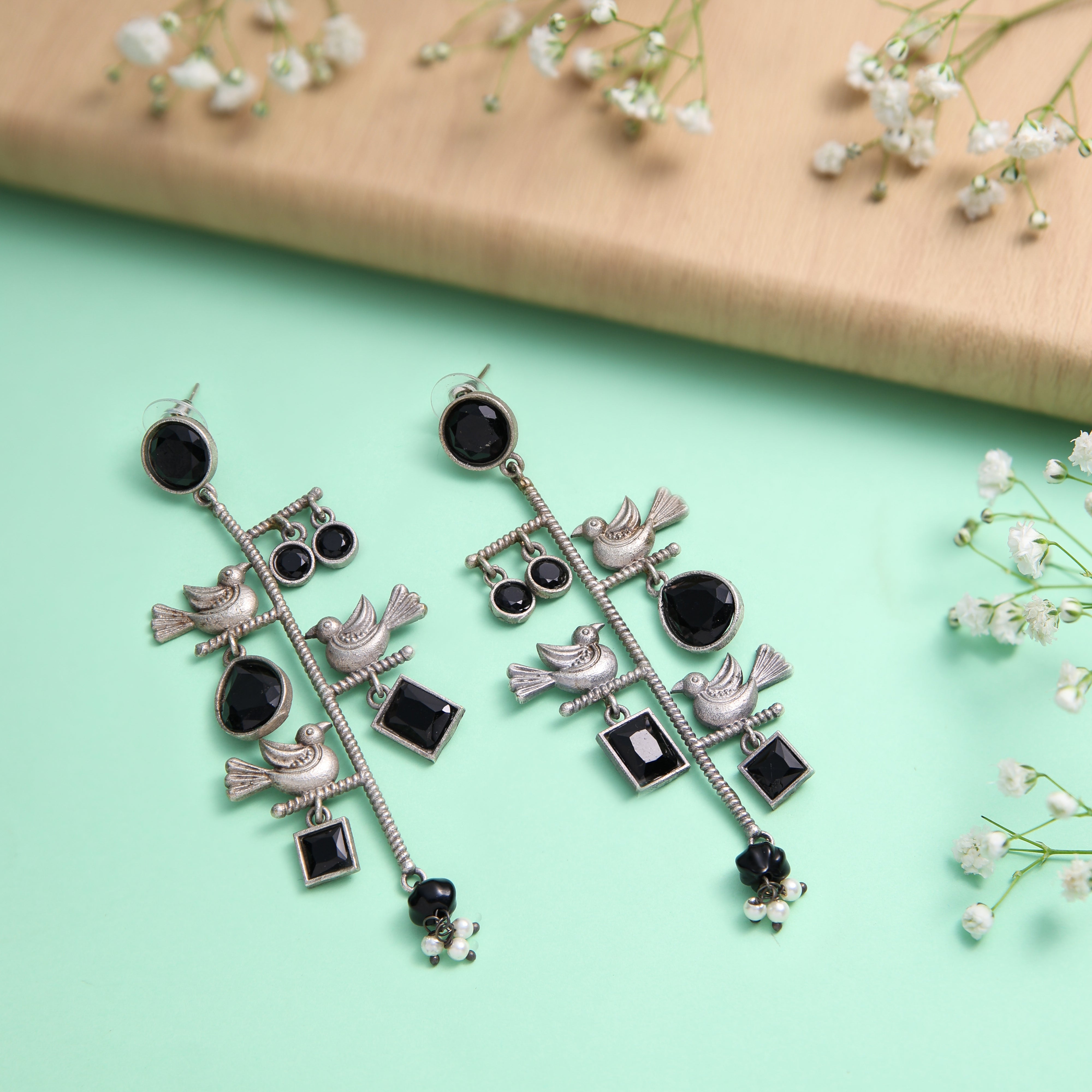 Black Stone Tree Oxidised Earrings