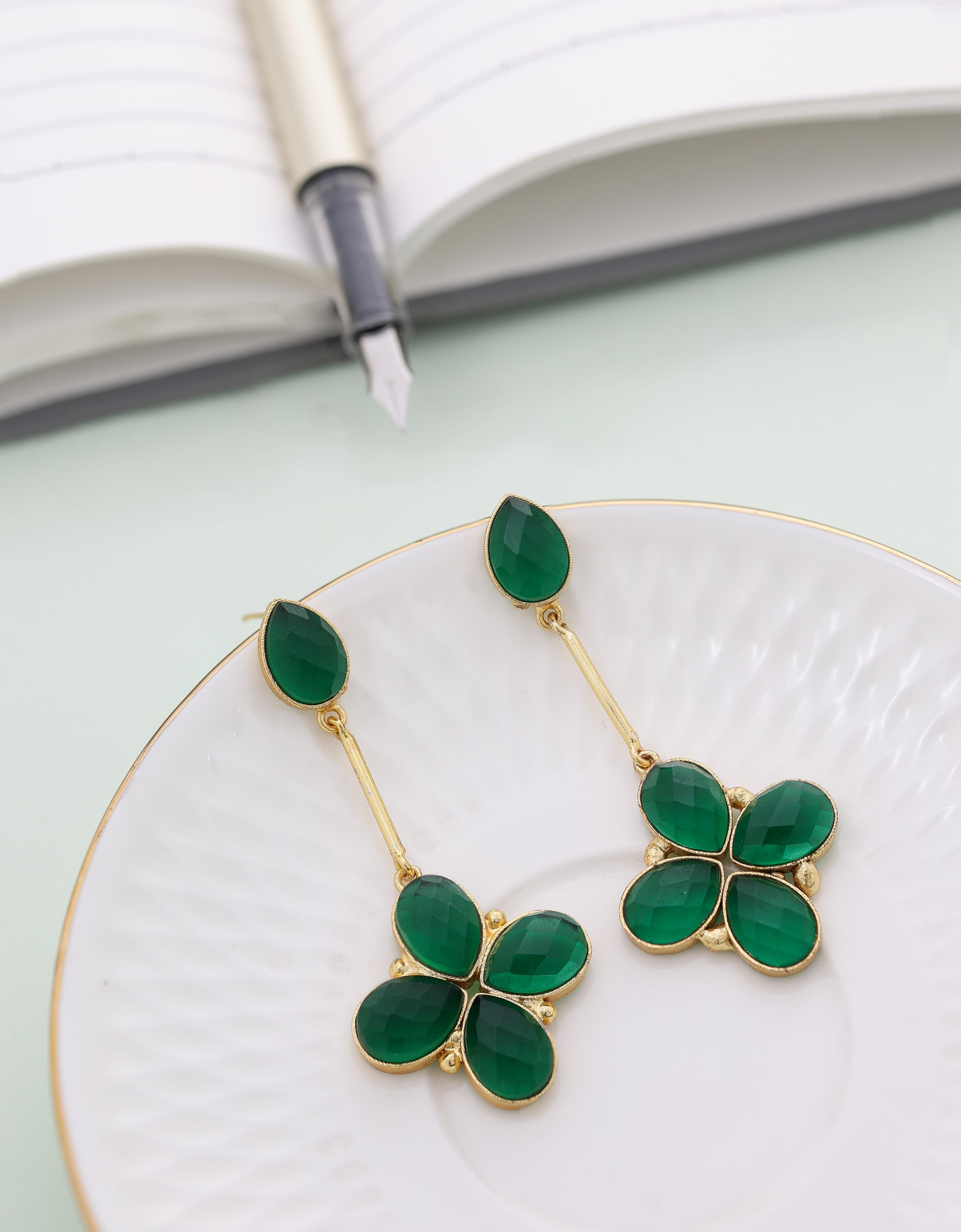 Floral Glossy Stone Dangle Earrings-Green