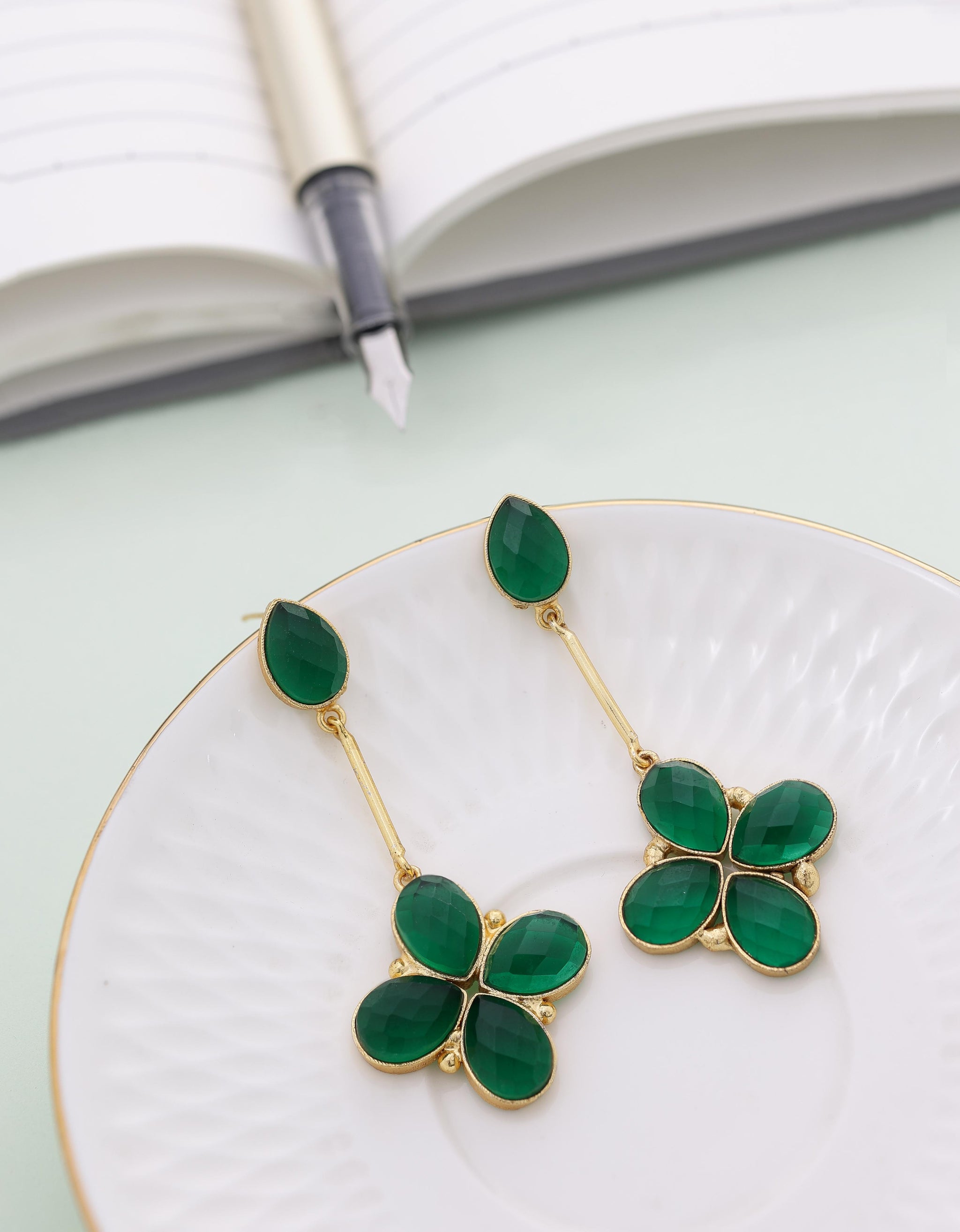 Floral Glossy Stone Dangle Earrings-Green