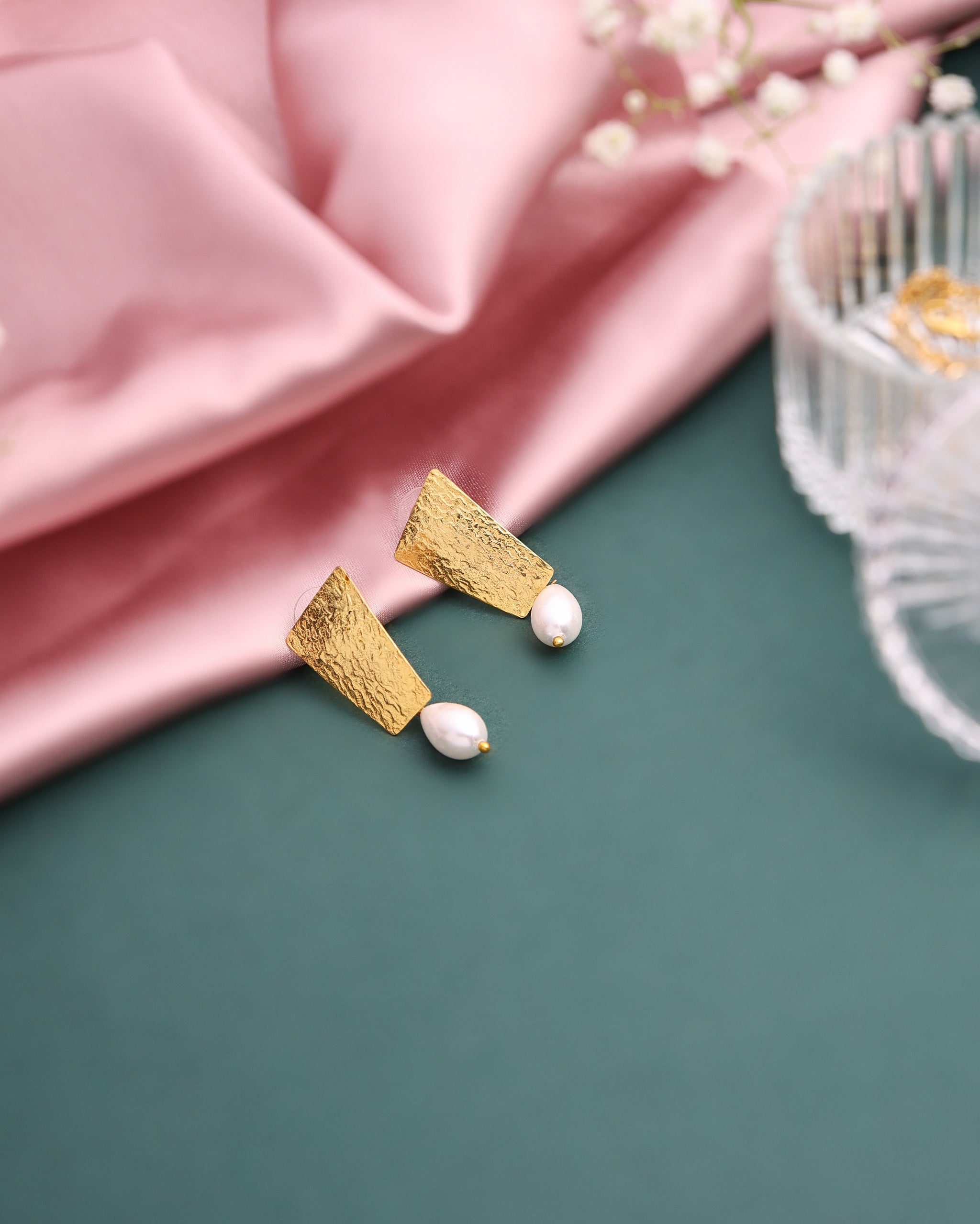 Textured Brass plate Pearl Drop Earrings