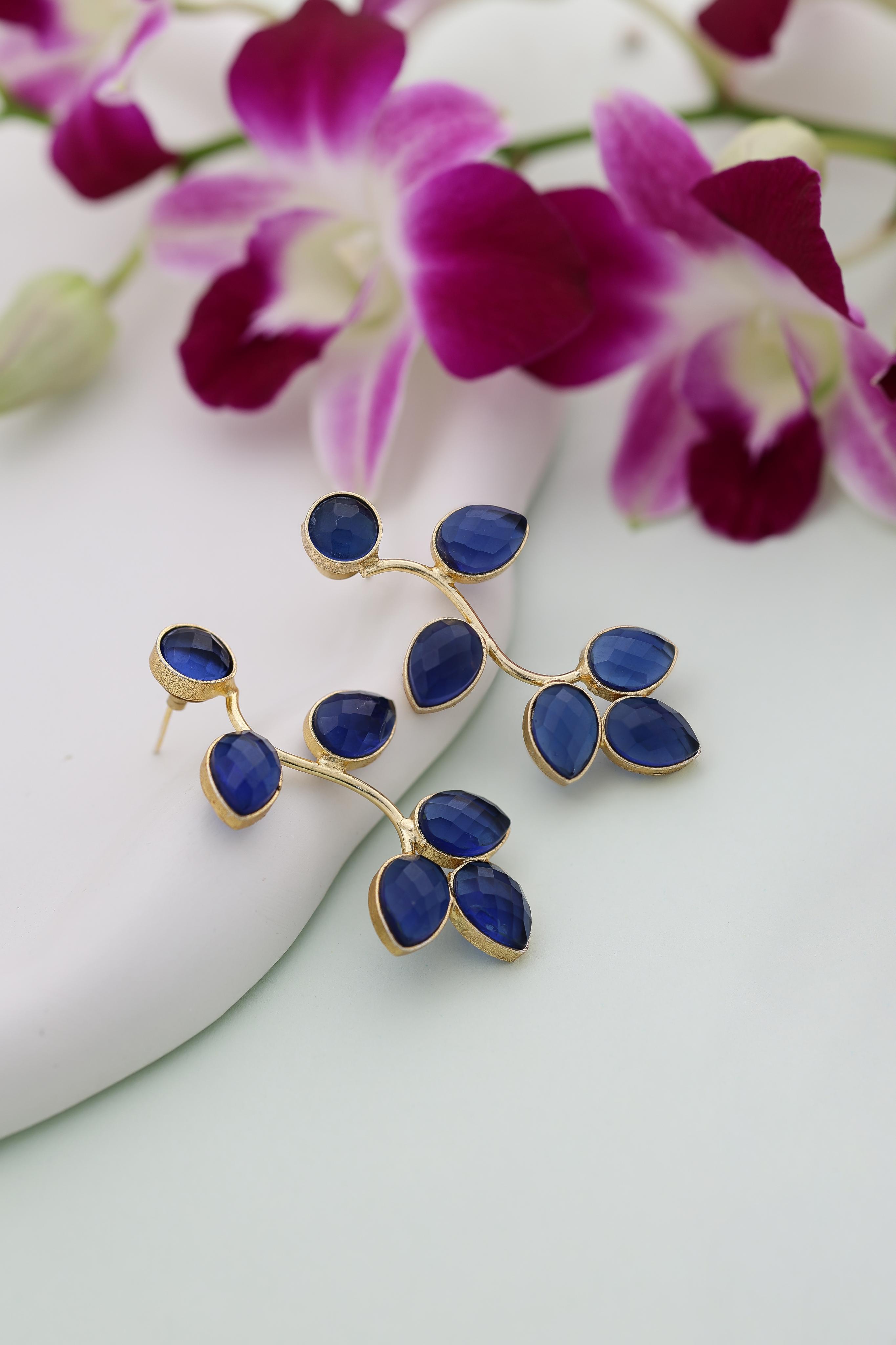 Crystal Cascade Wavy Leaf Earrings-Blue