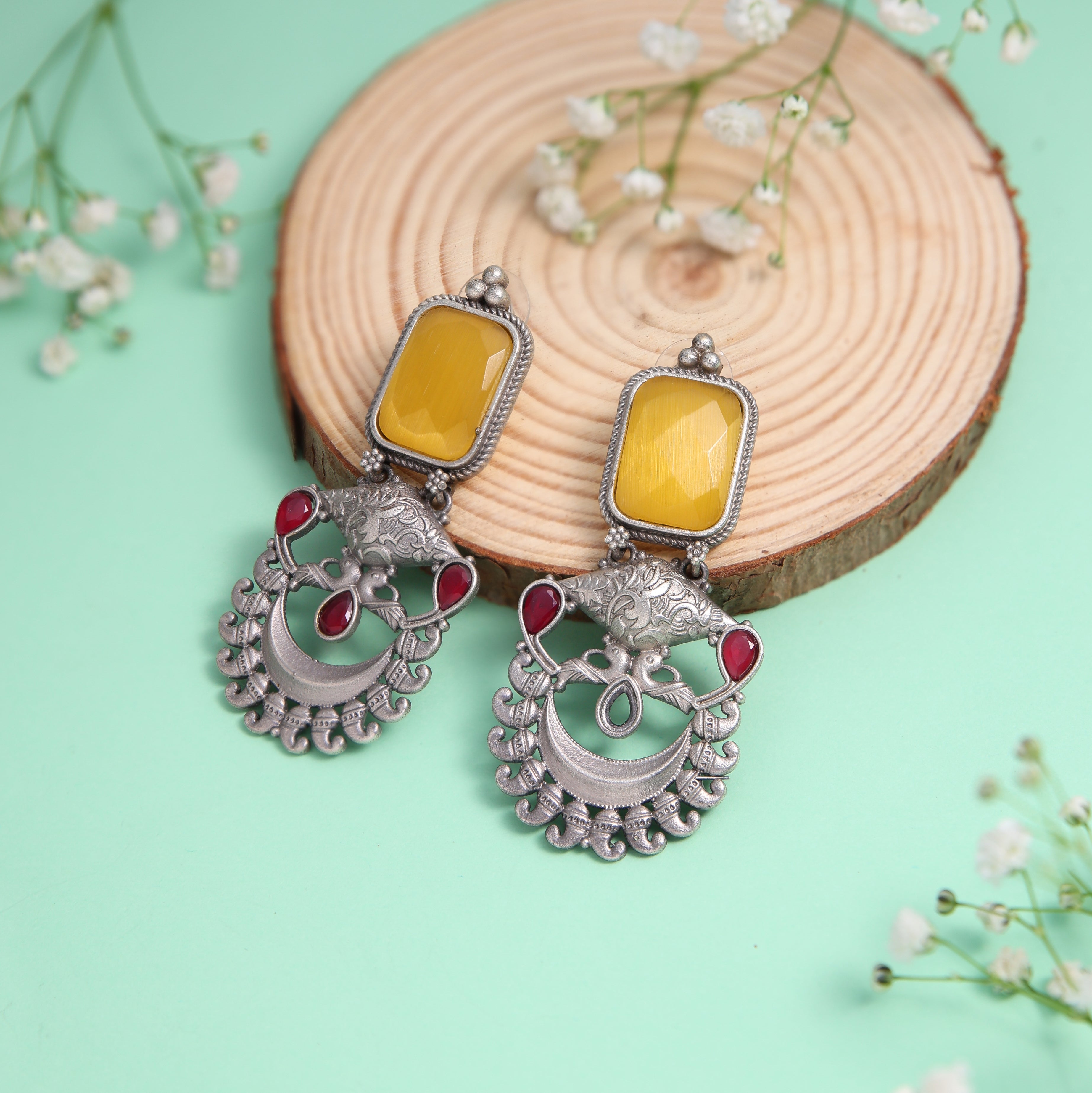 Yellow stone Studded Oxidised Plated Earrings