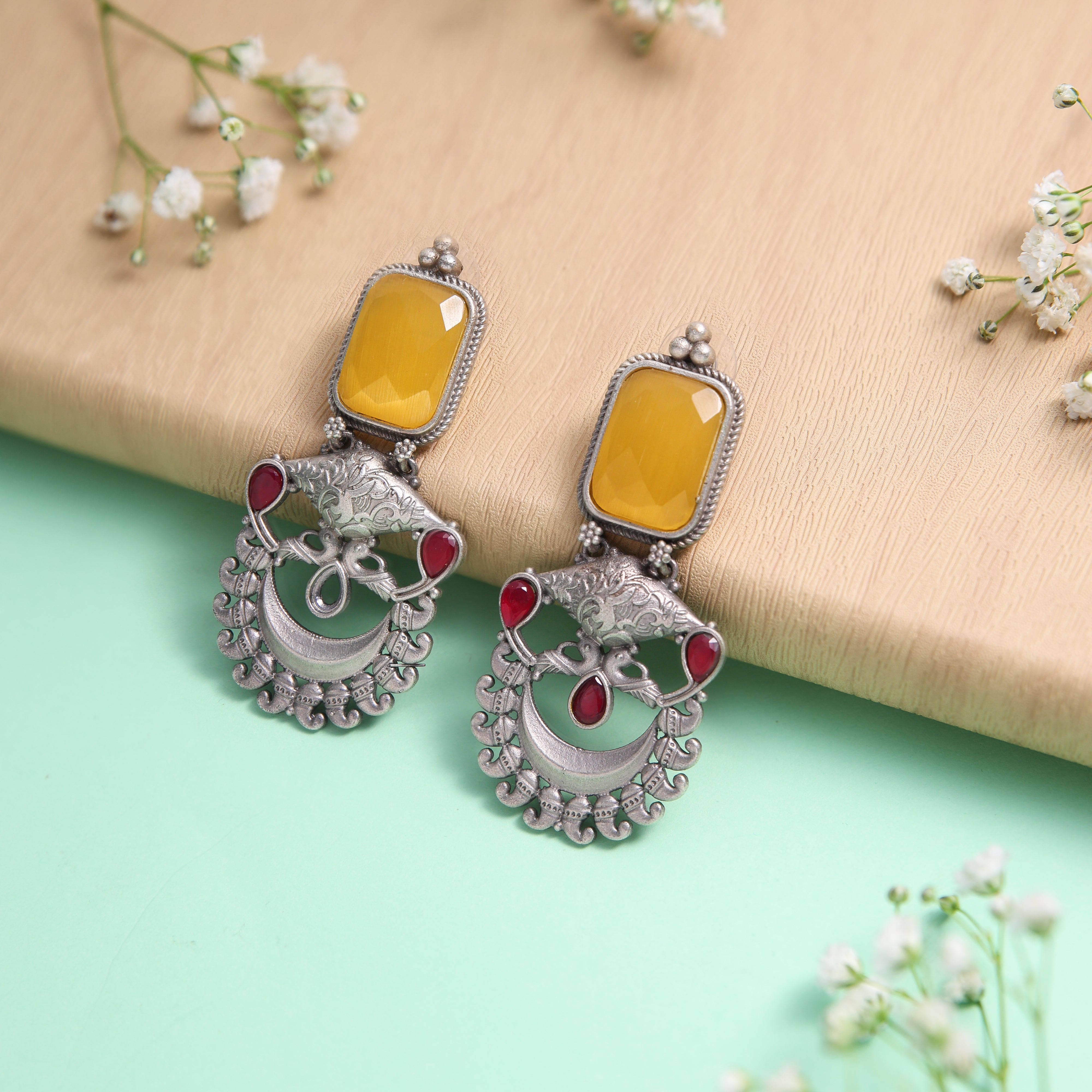 Yellow stone Studded Oxidised Plated Earrings