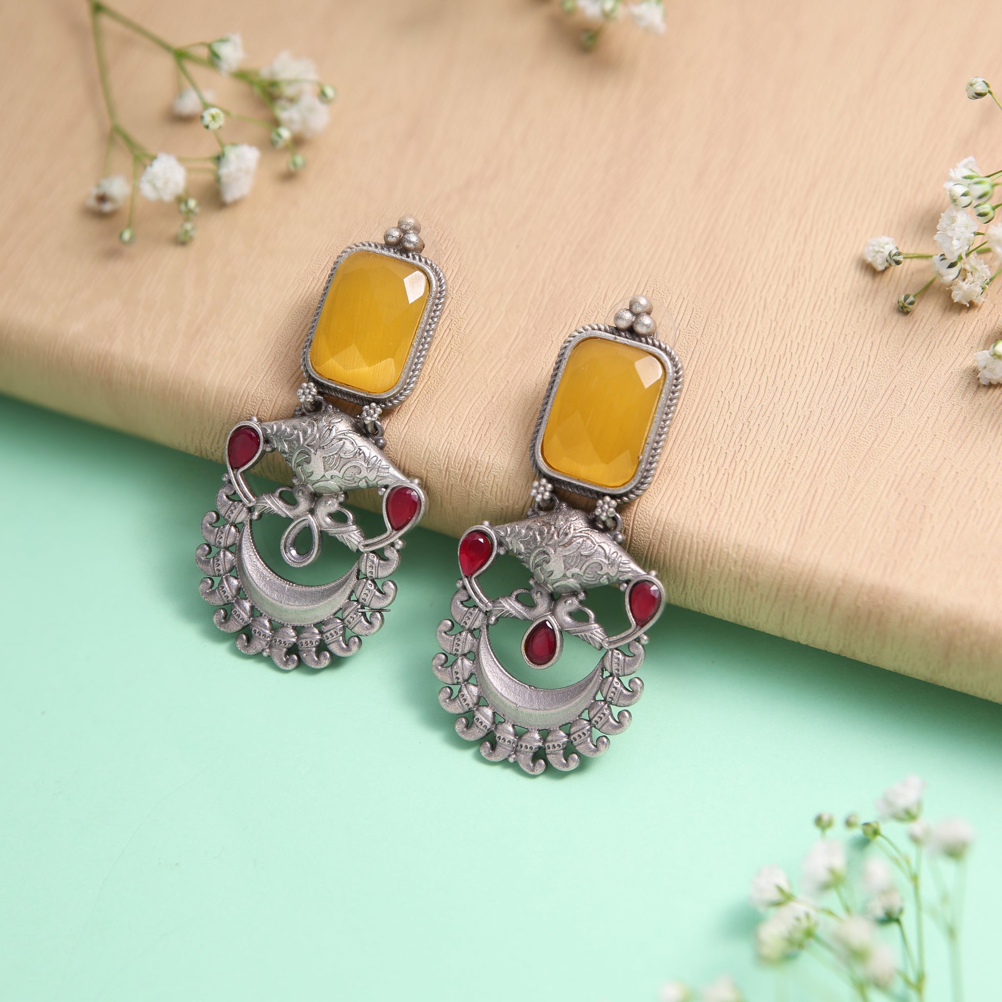 Yellow stone Studded Oxidised Plated Earrings