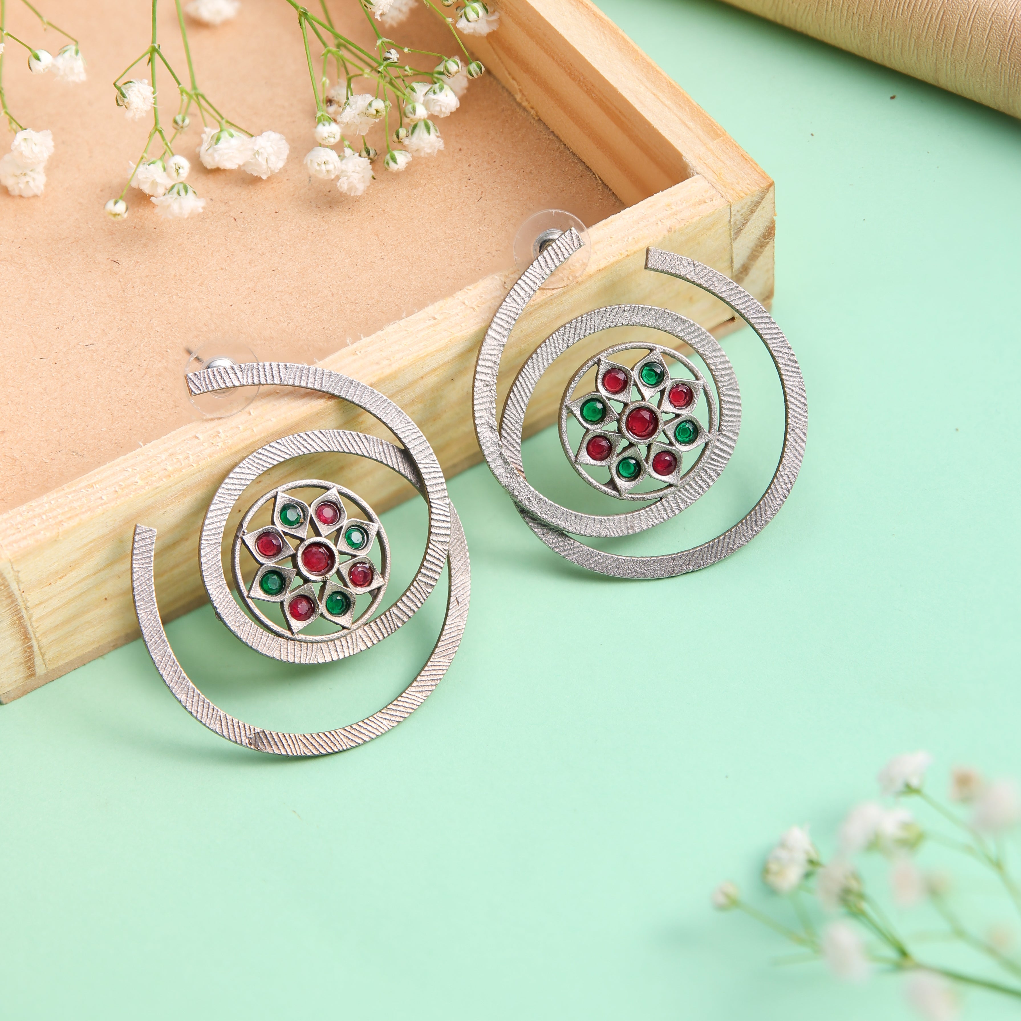 Spiral Stone Studded Oxidised Earrings