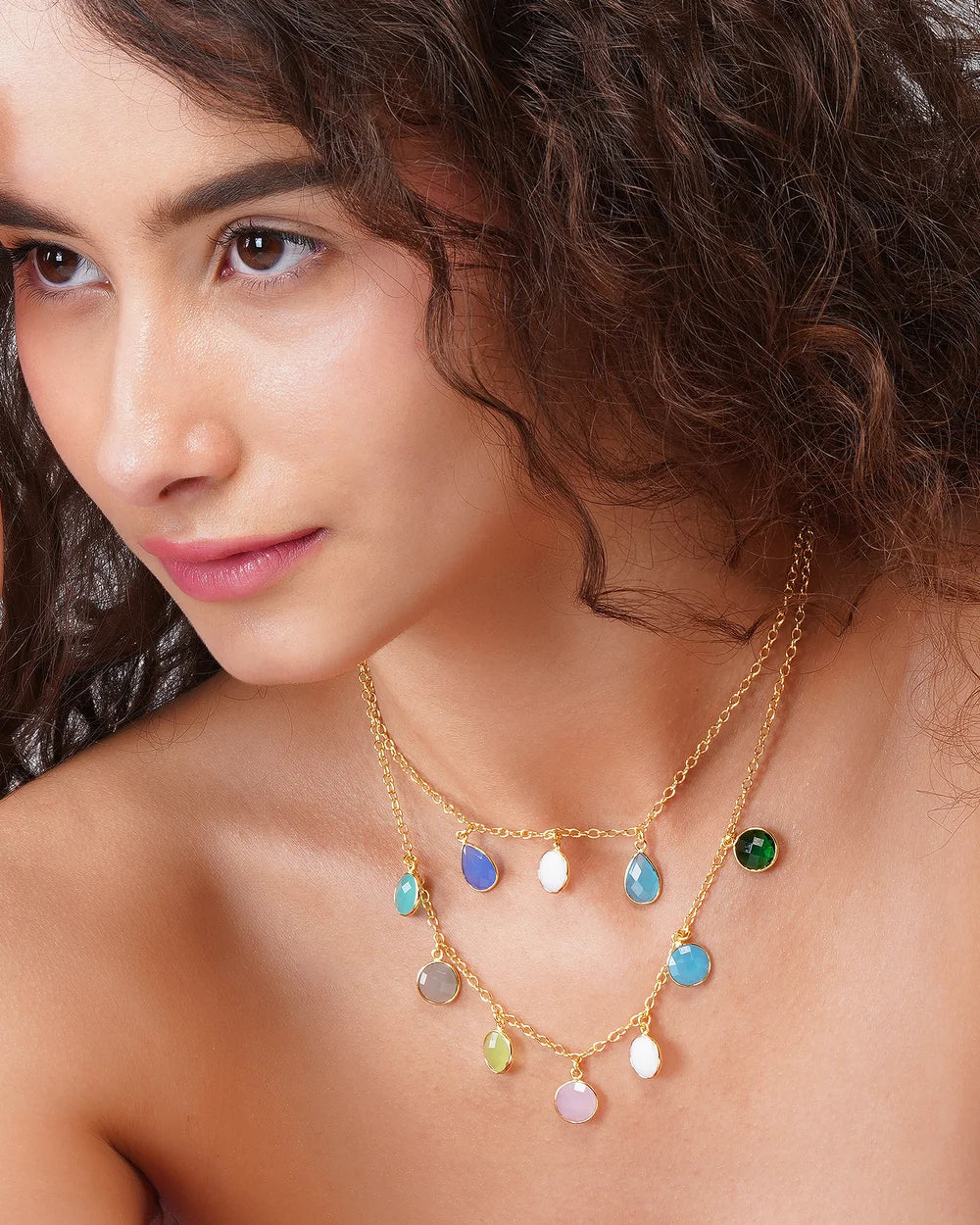 92.5 Sterling Silver Apatite- Emerald Dual layer Necklace