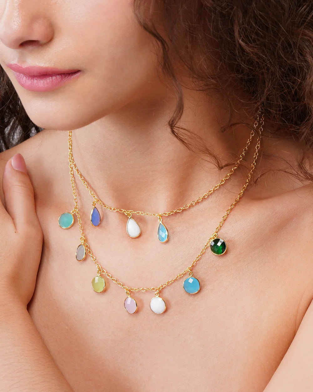 92.5 Sterling Silver Apatite- Emerald Dual layer Necklace