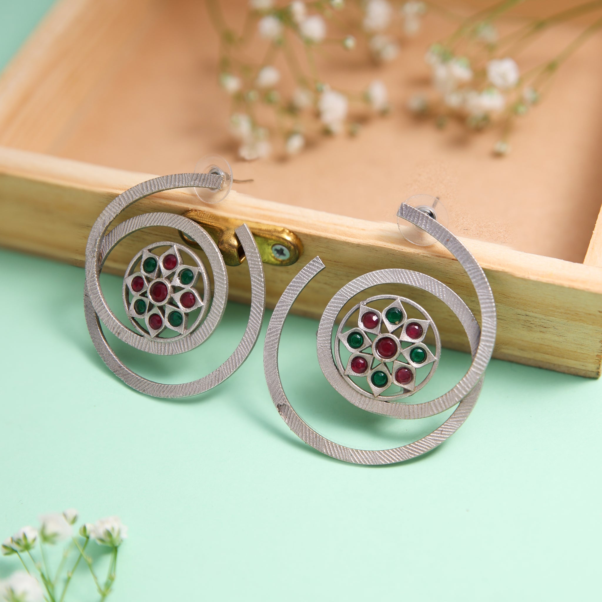 Spiral Stone Studded Oxidised Earrings