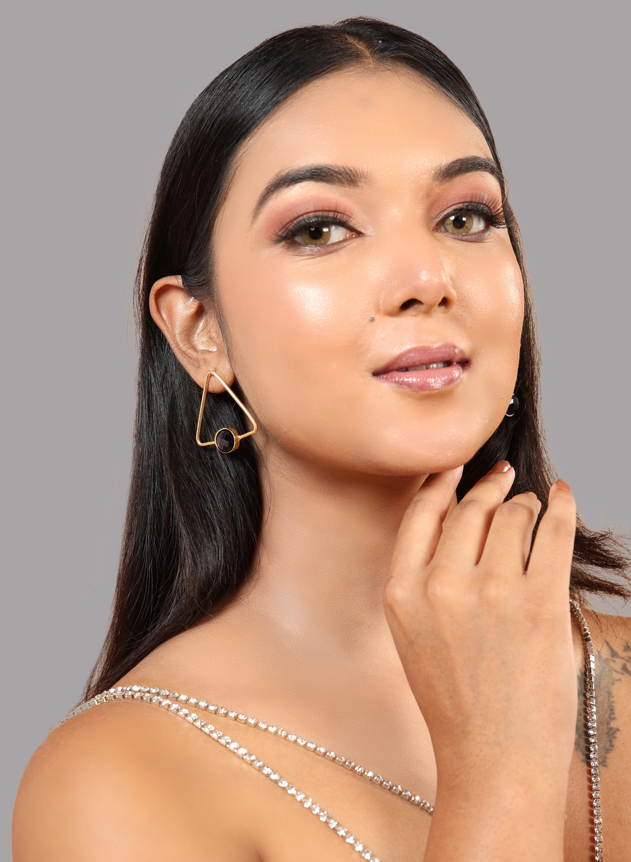 Glossy Stone Triangle Earrings-B