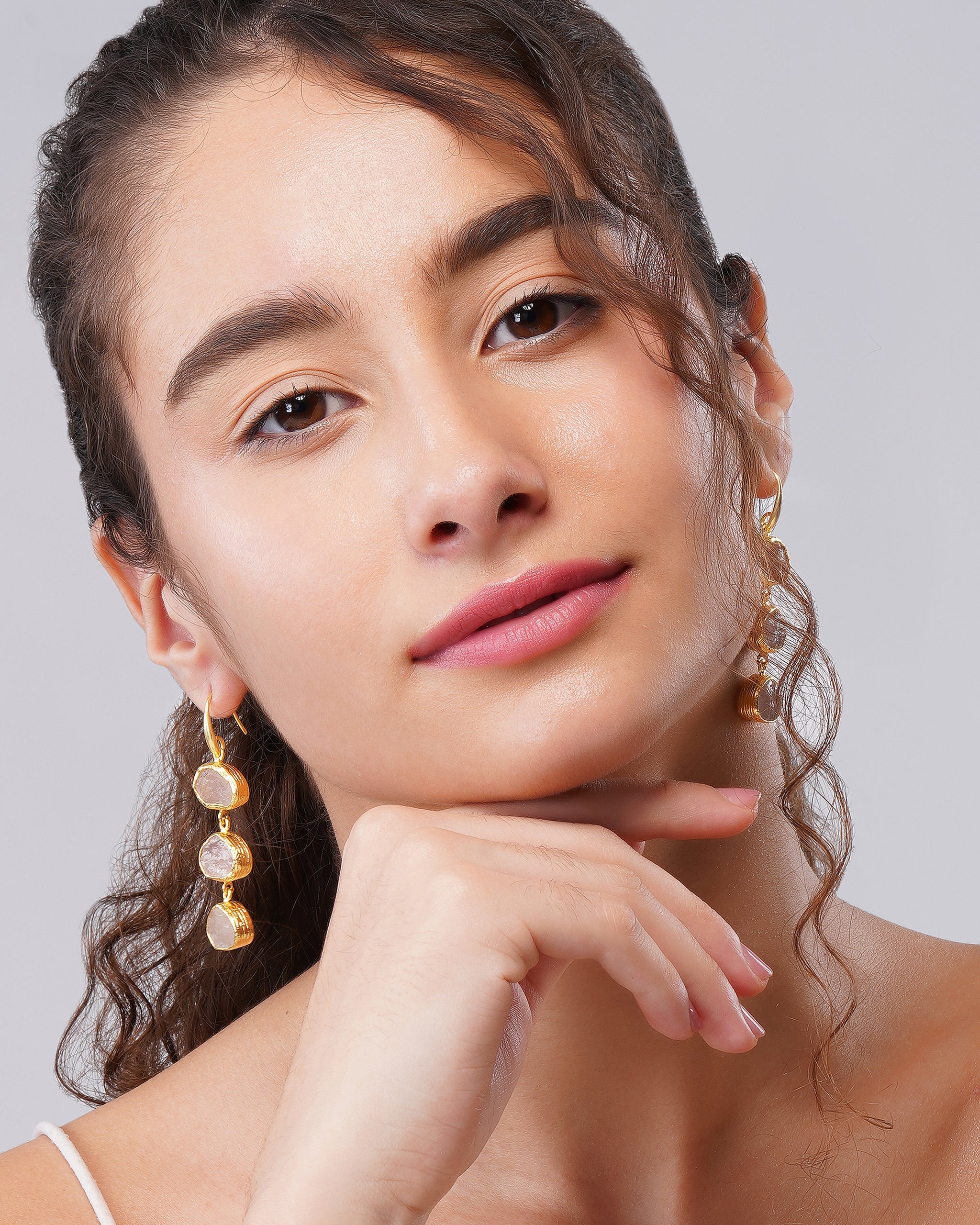 Cascading Trinity Rose Quartz Drop Earrings