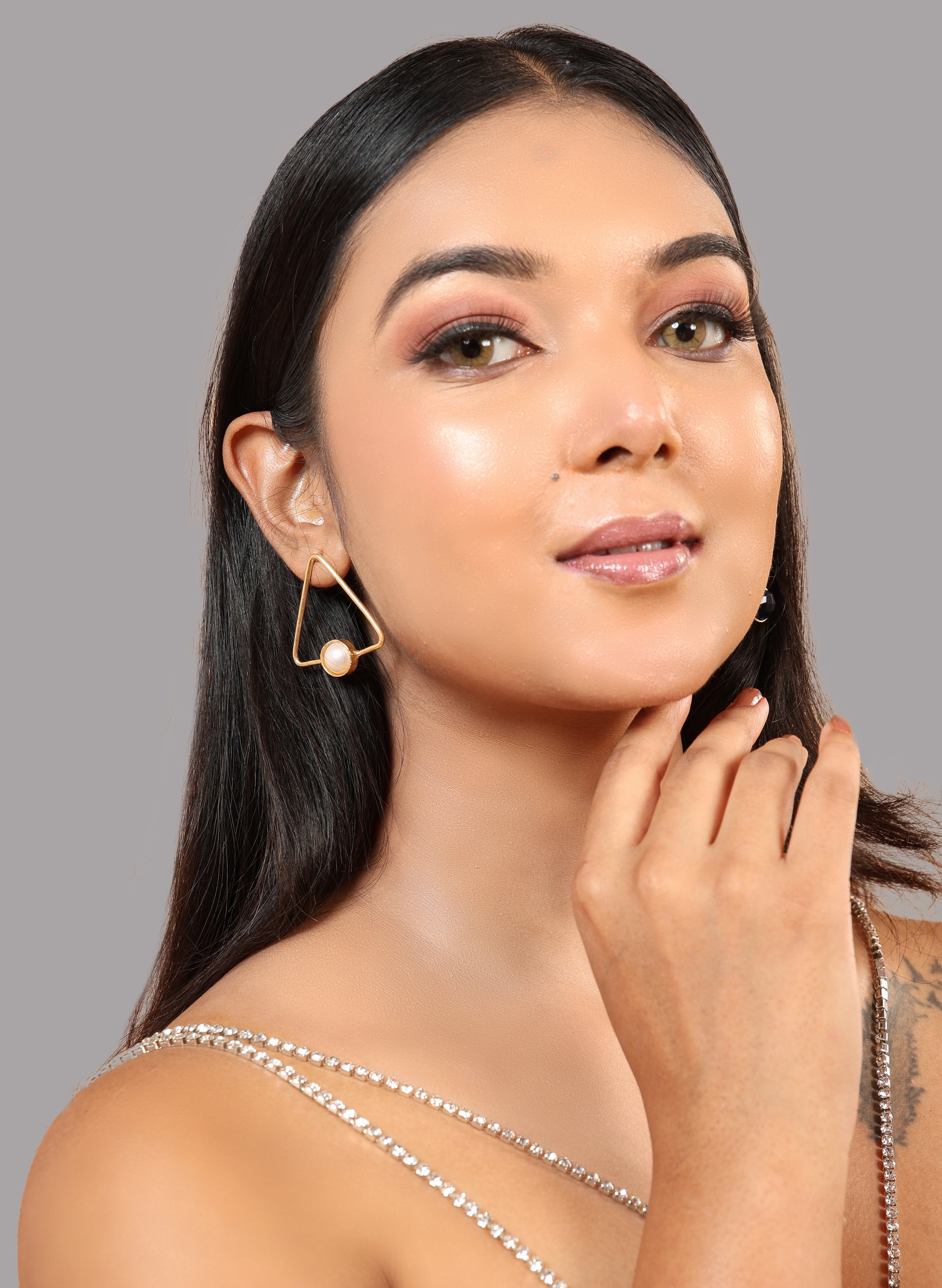 Glossy Stone Triangle Earrings-W