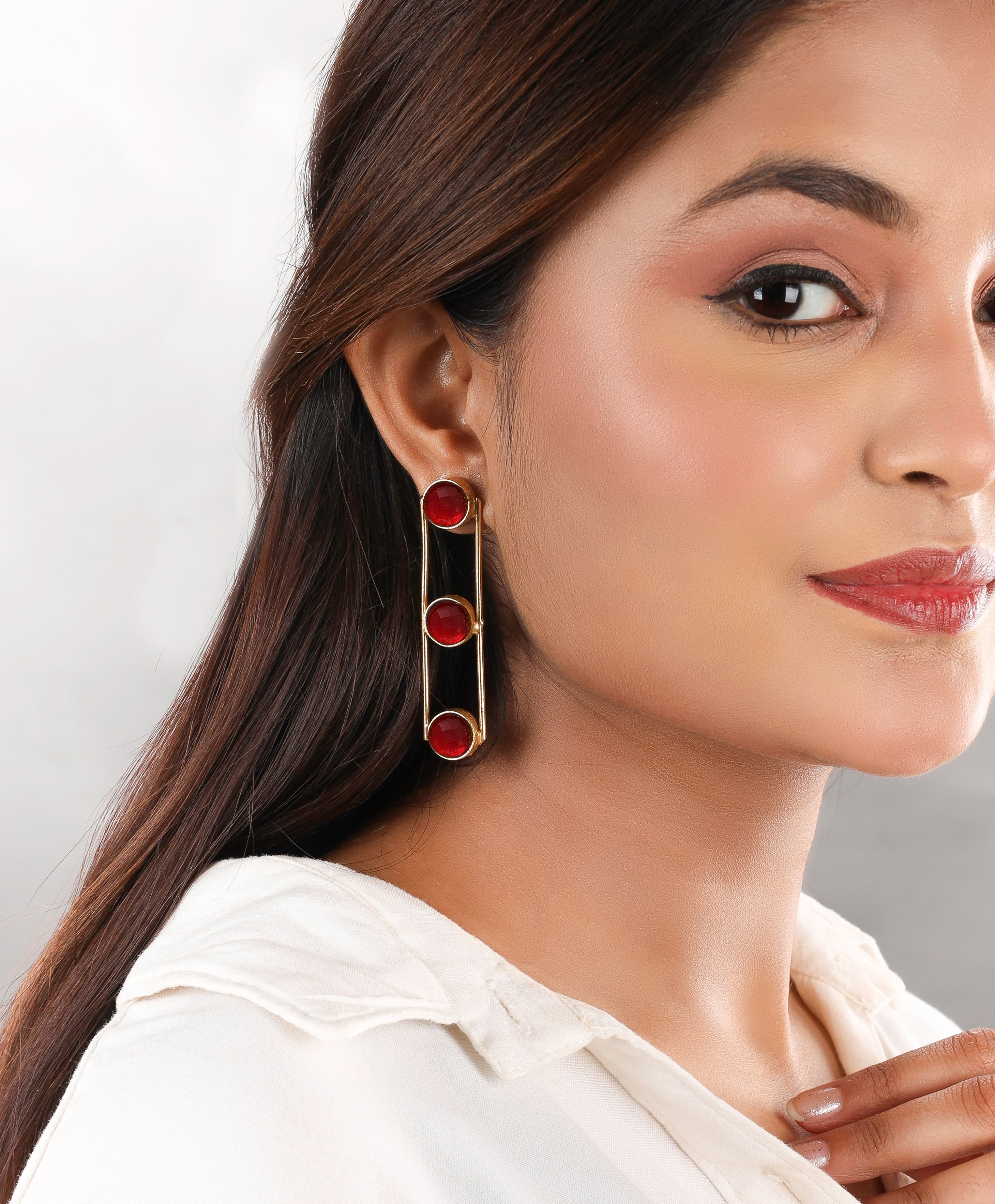 Tri Stone Dangle Earrings-Red