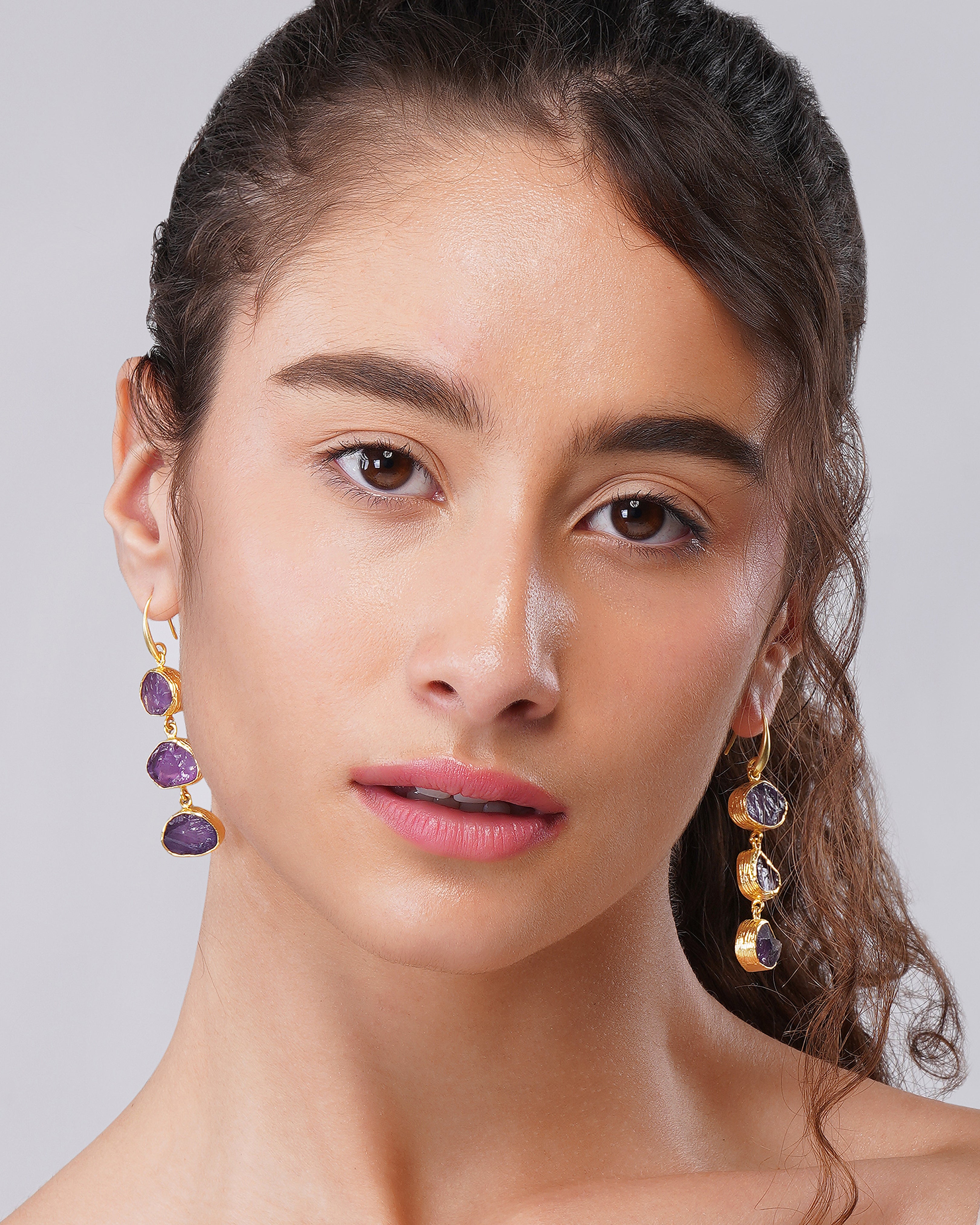 Cascading Trinity Amethyst Drop Earrings