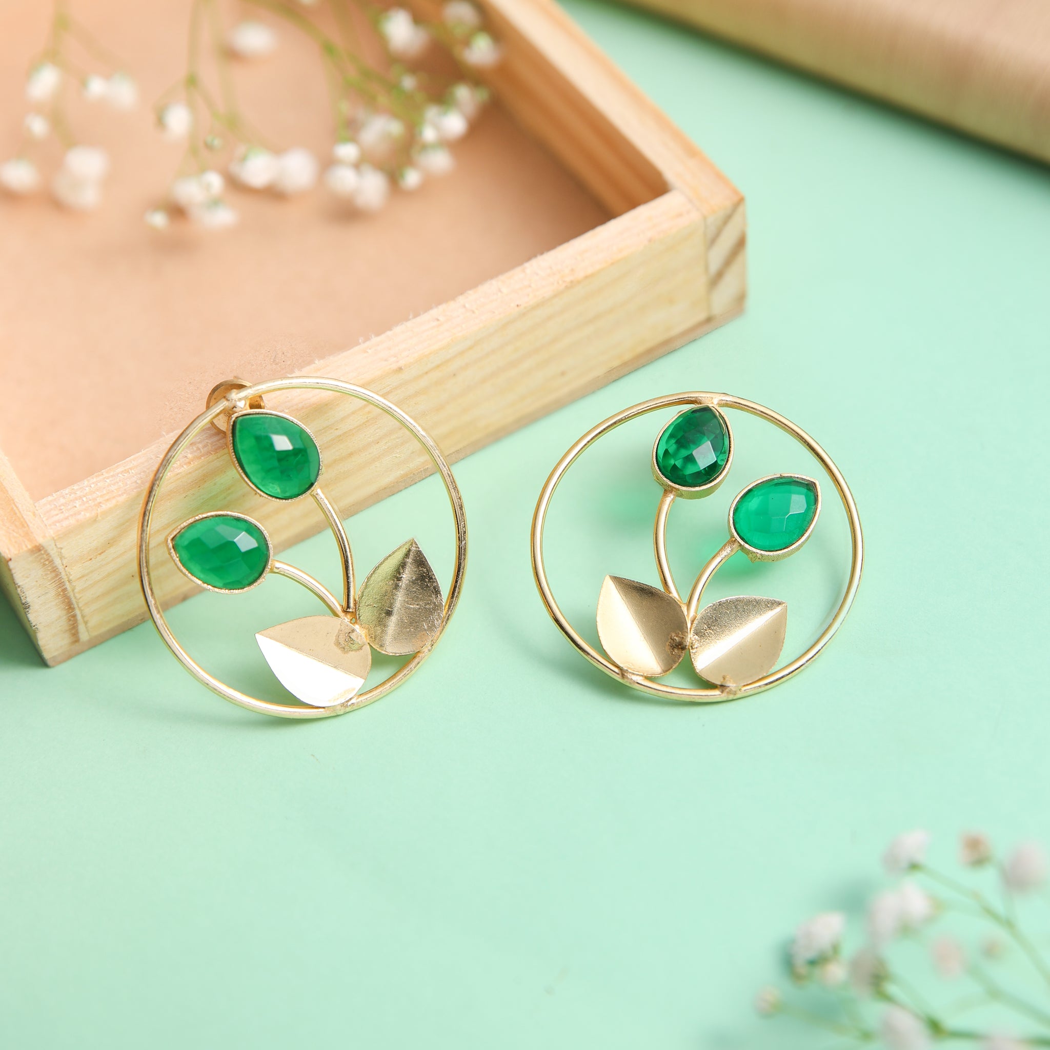 Dual Leaf Monalisa Stone Earrings-G