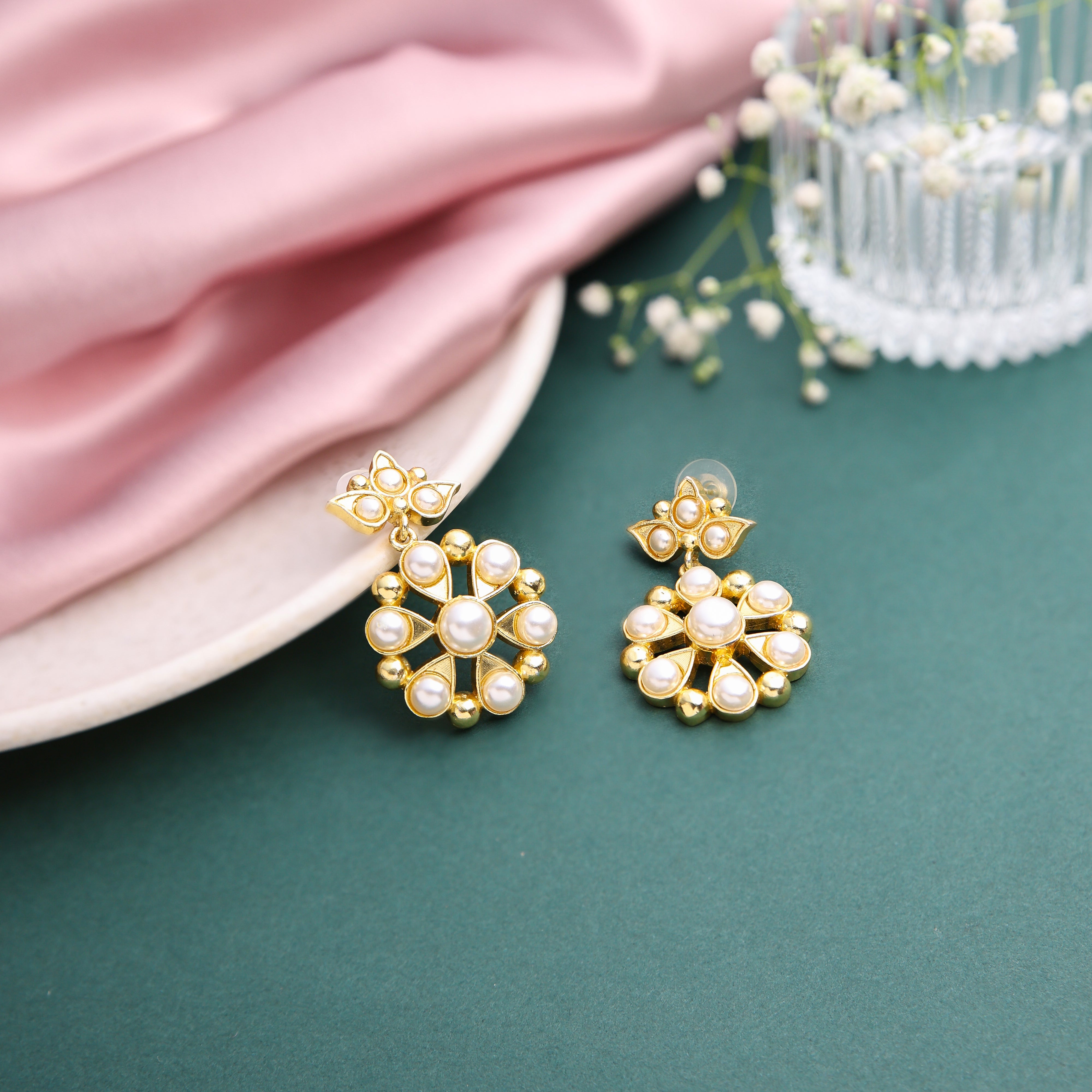 Gold Tone Pearl Studded Floral Earrings