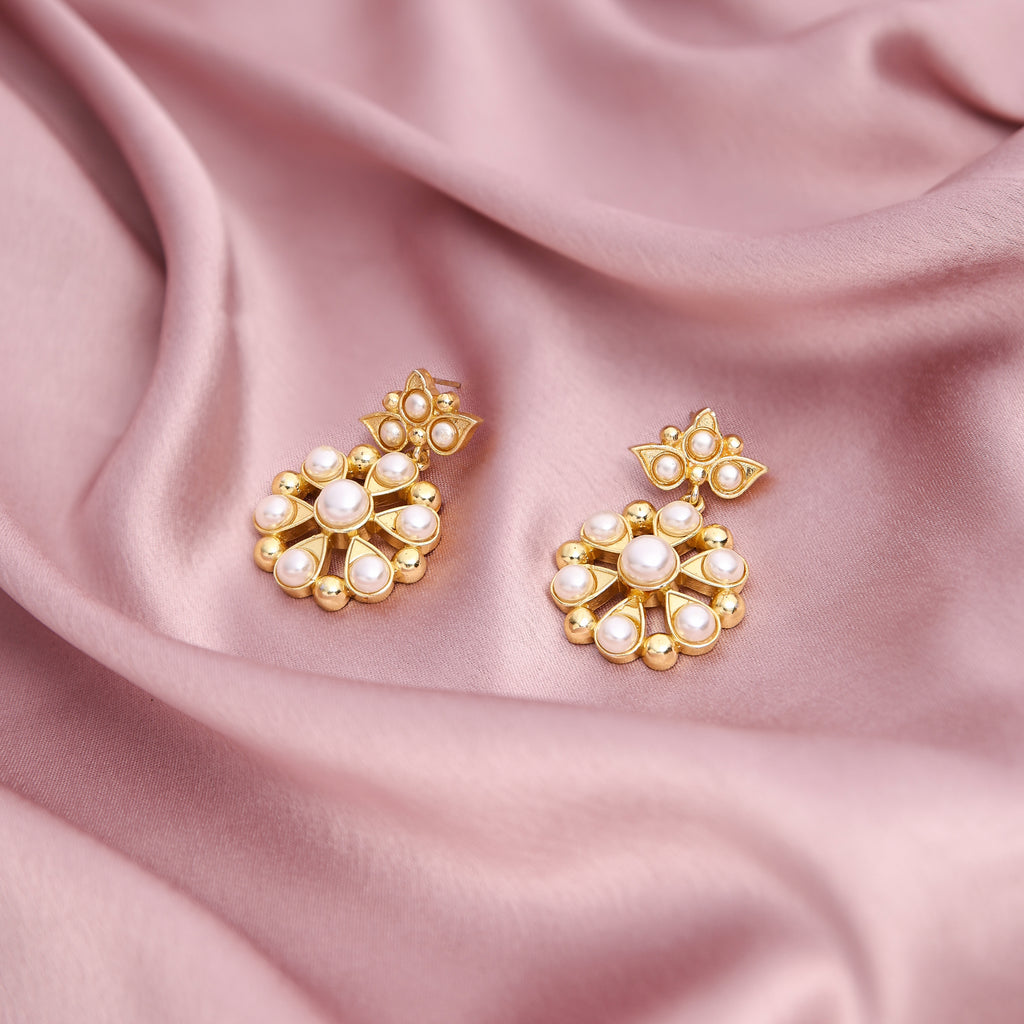 Gold Tone Pearl Studded Floral Earrings