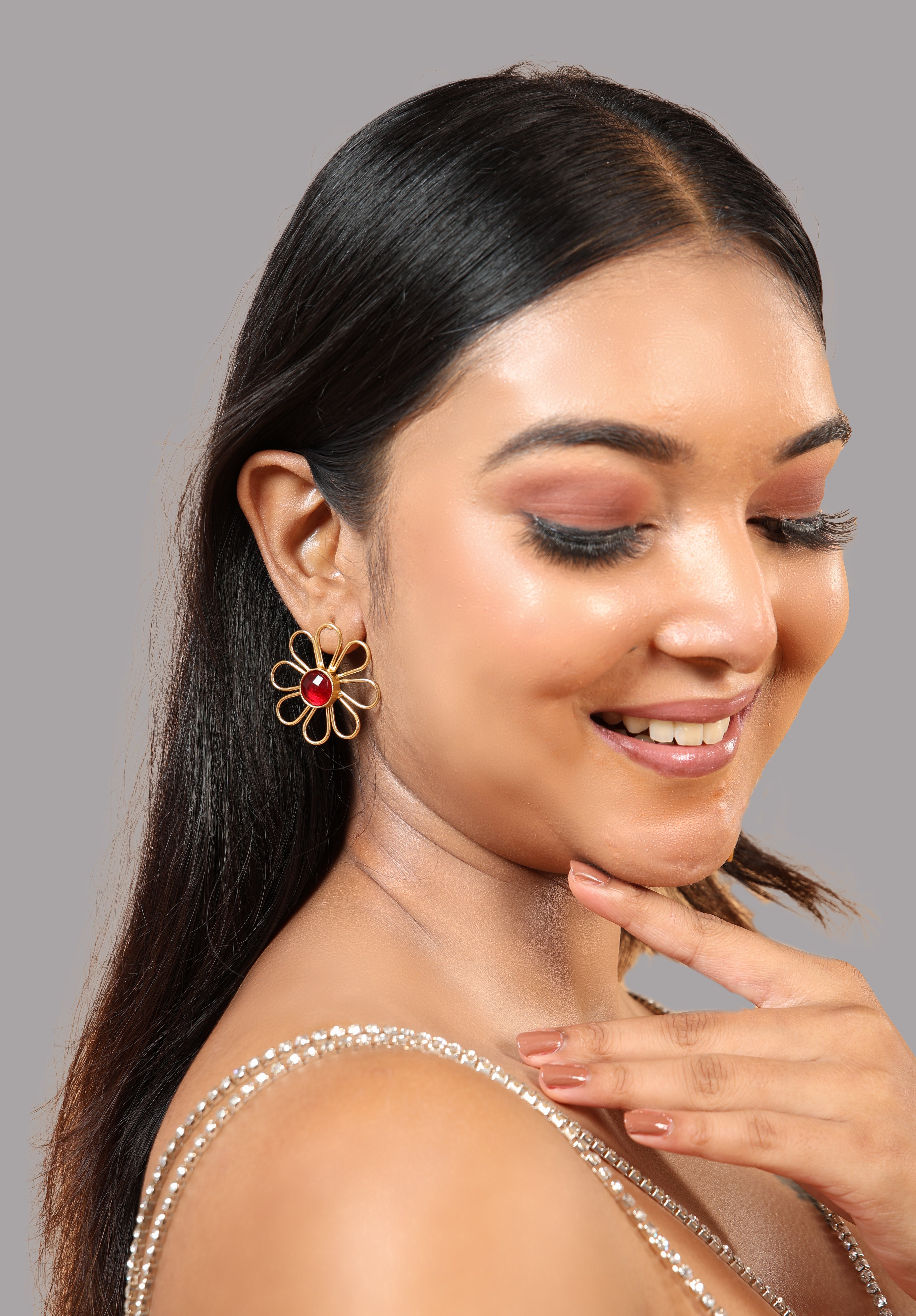 Floral Rice Bead Necklace Set- Ruby