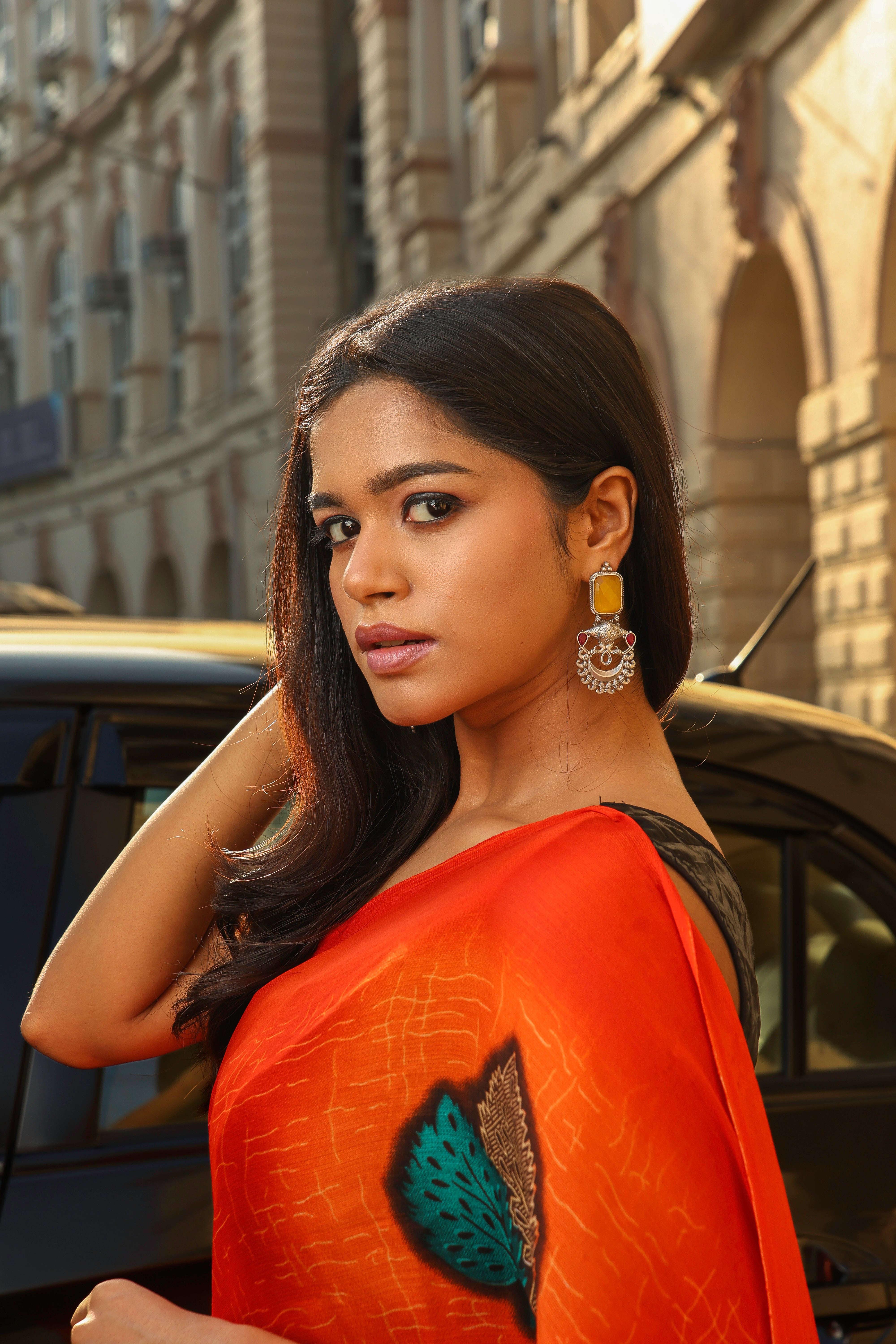 Yellow stone Studded Oxidised Plated Earrings