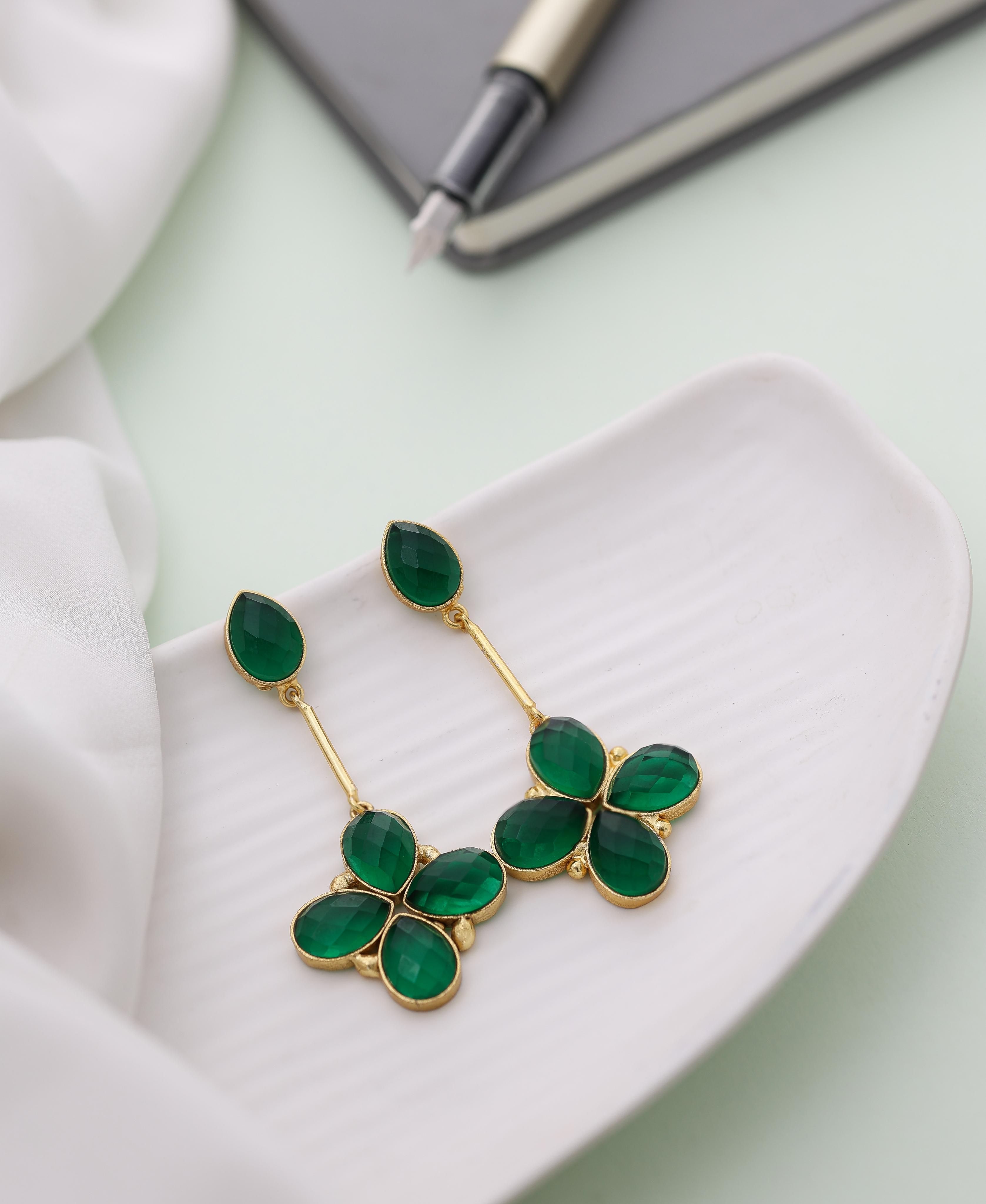 Floral Glossy Stone Dangle Earrings-Green