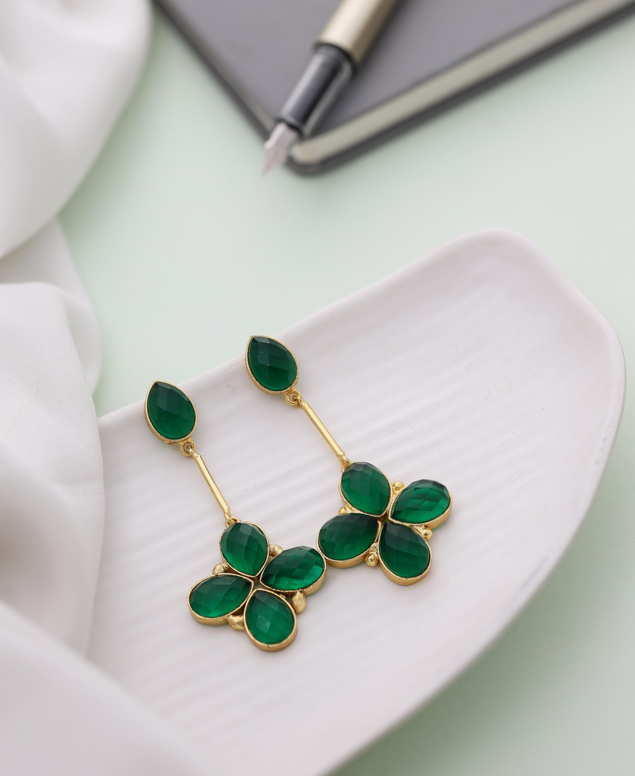 Floral Glossy Stone Dangle Earrings-Green