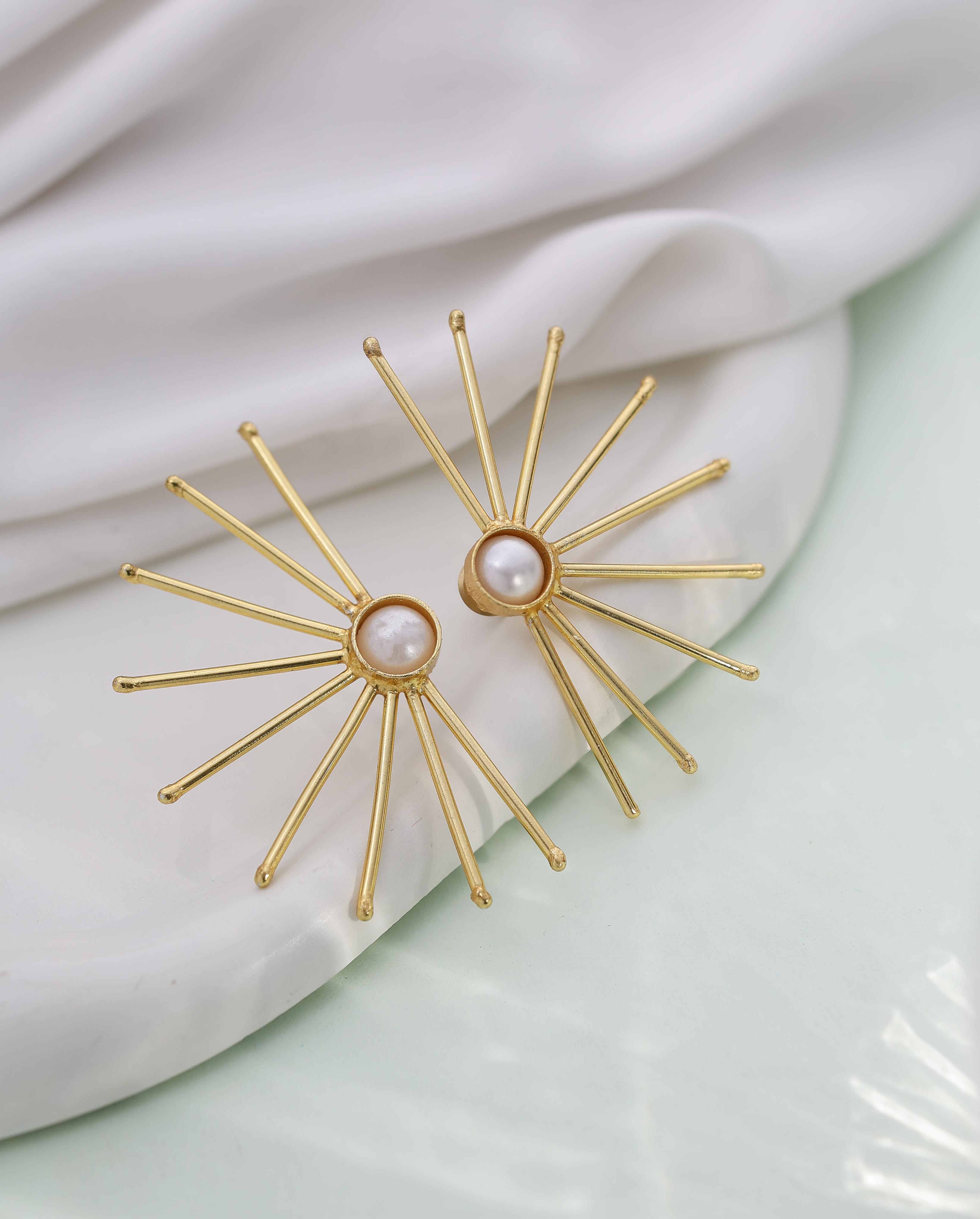 Earthy Stone Sun Wire Brass Earrings-W