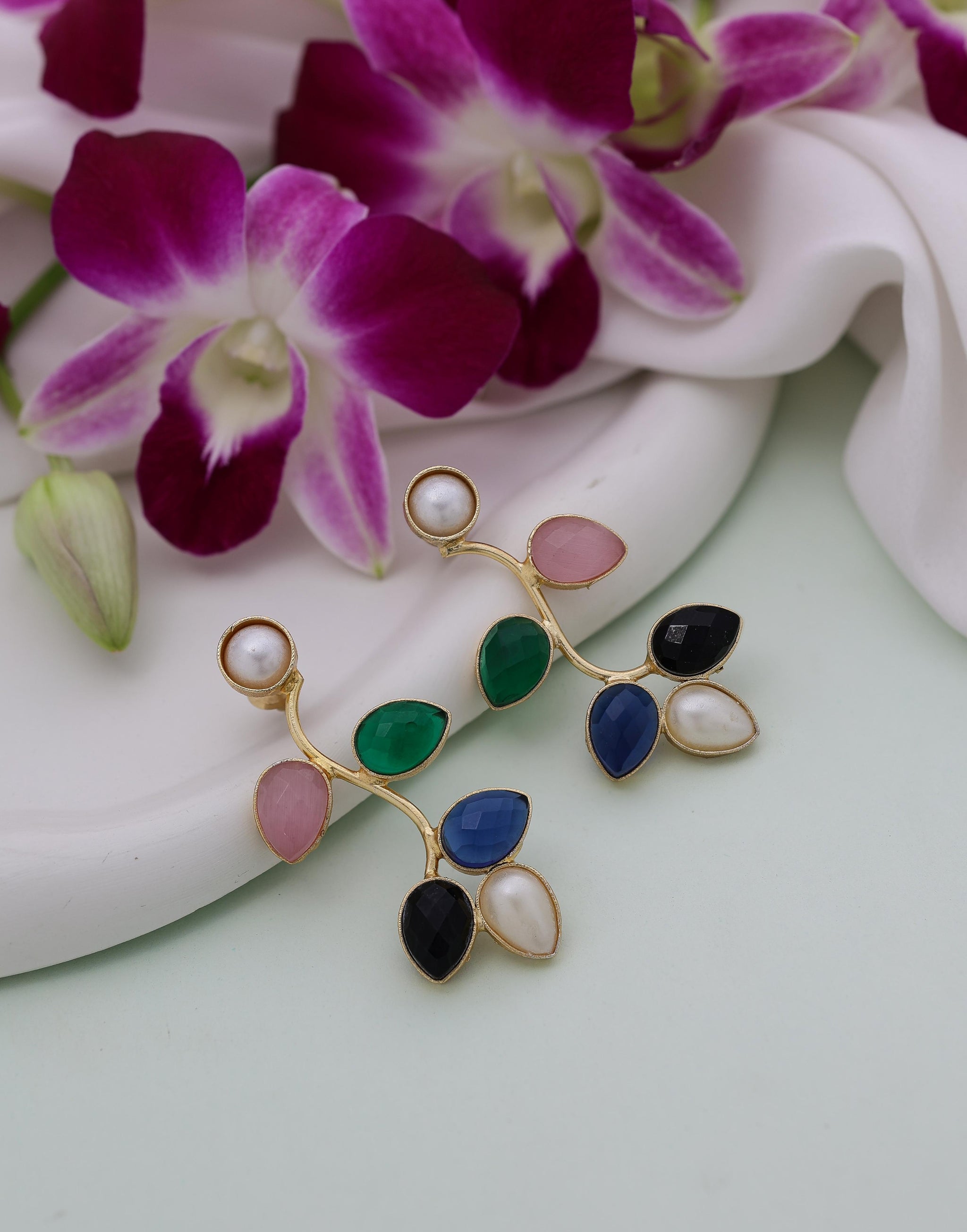 Crystal Cascade Wavy Leaf Earrings-Multicolor