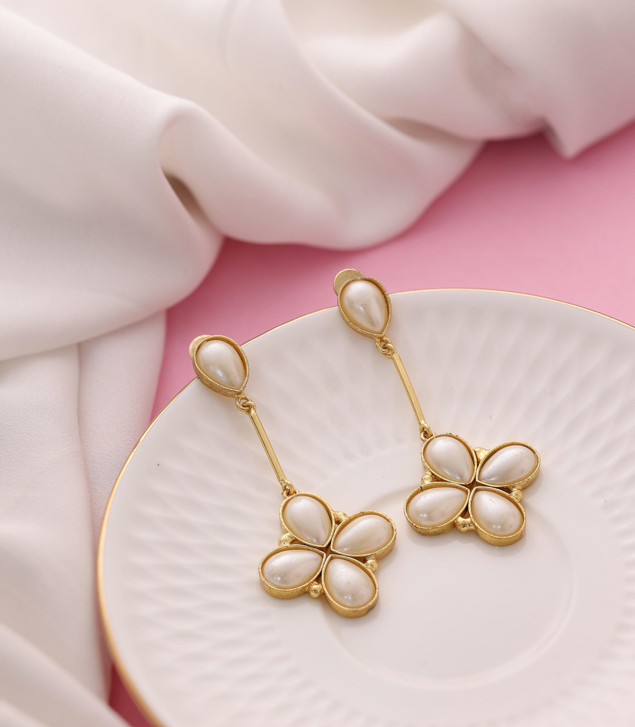 Floral Glossy Stone Dangle Earrings-White