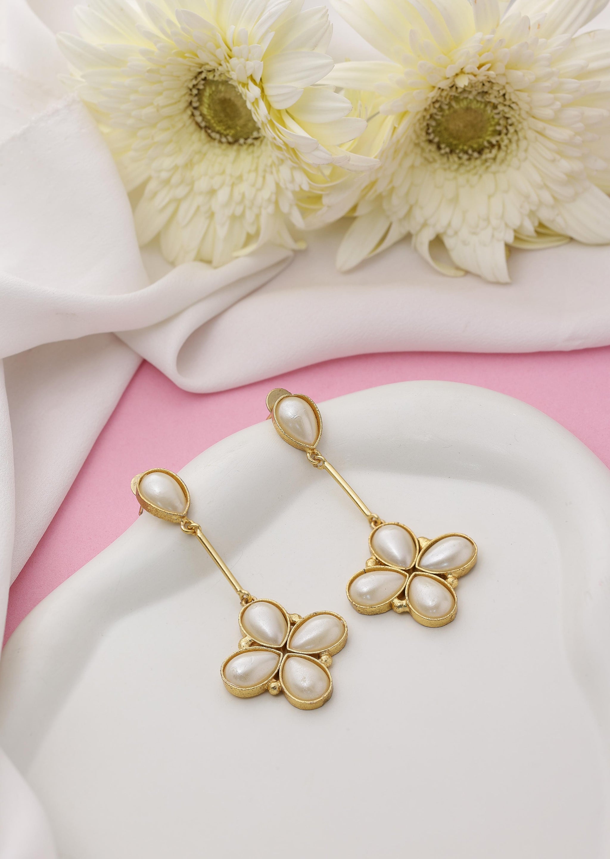 Floral Glossy Stone Dangle Earrings-White