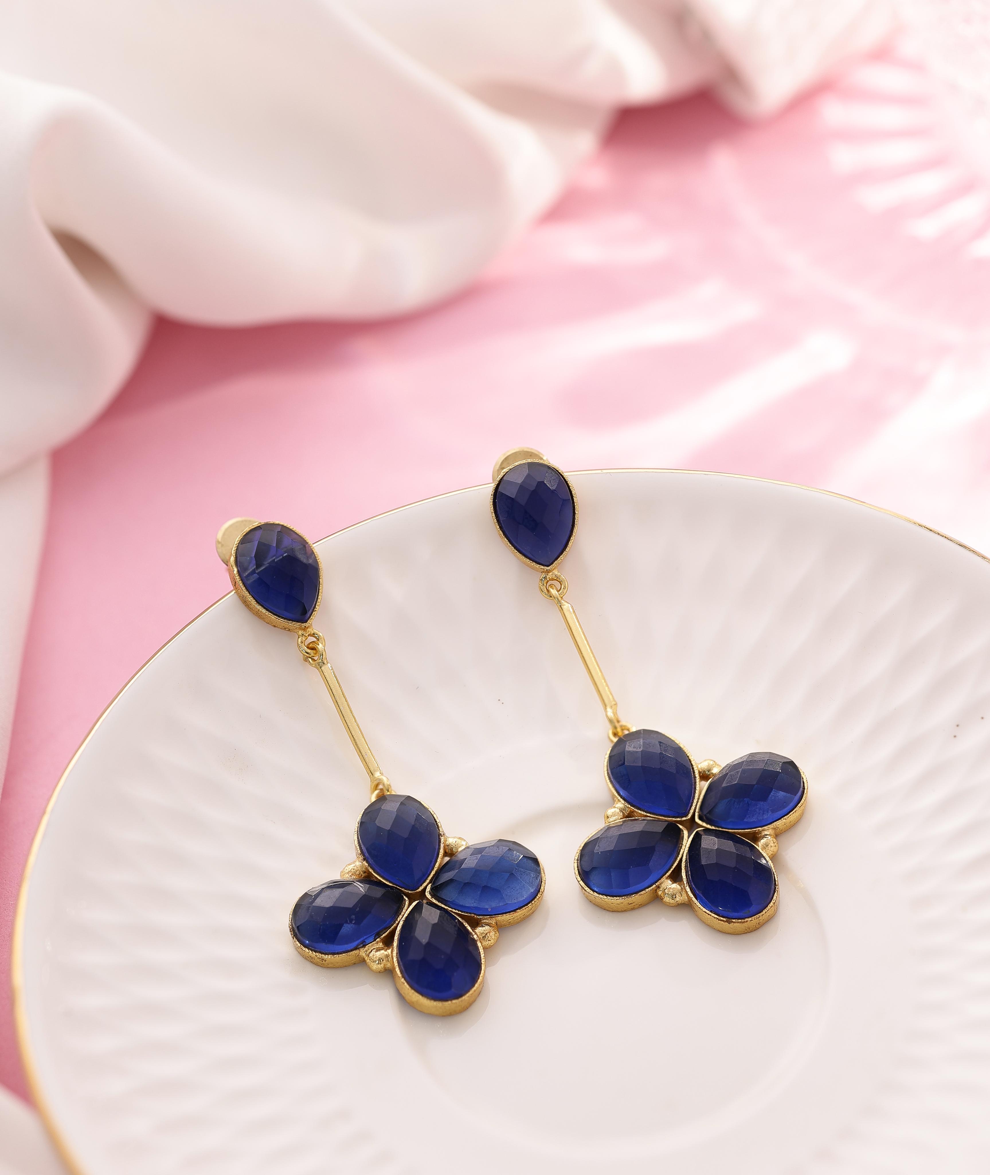 Floral Glossy Stone Dangle Earrings-Blue