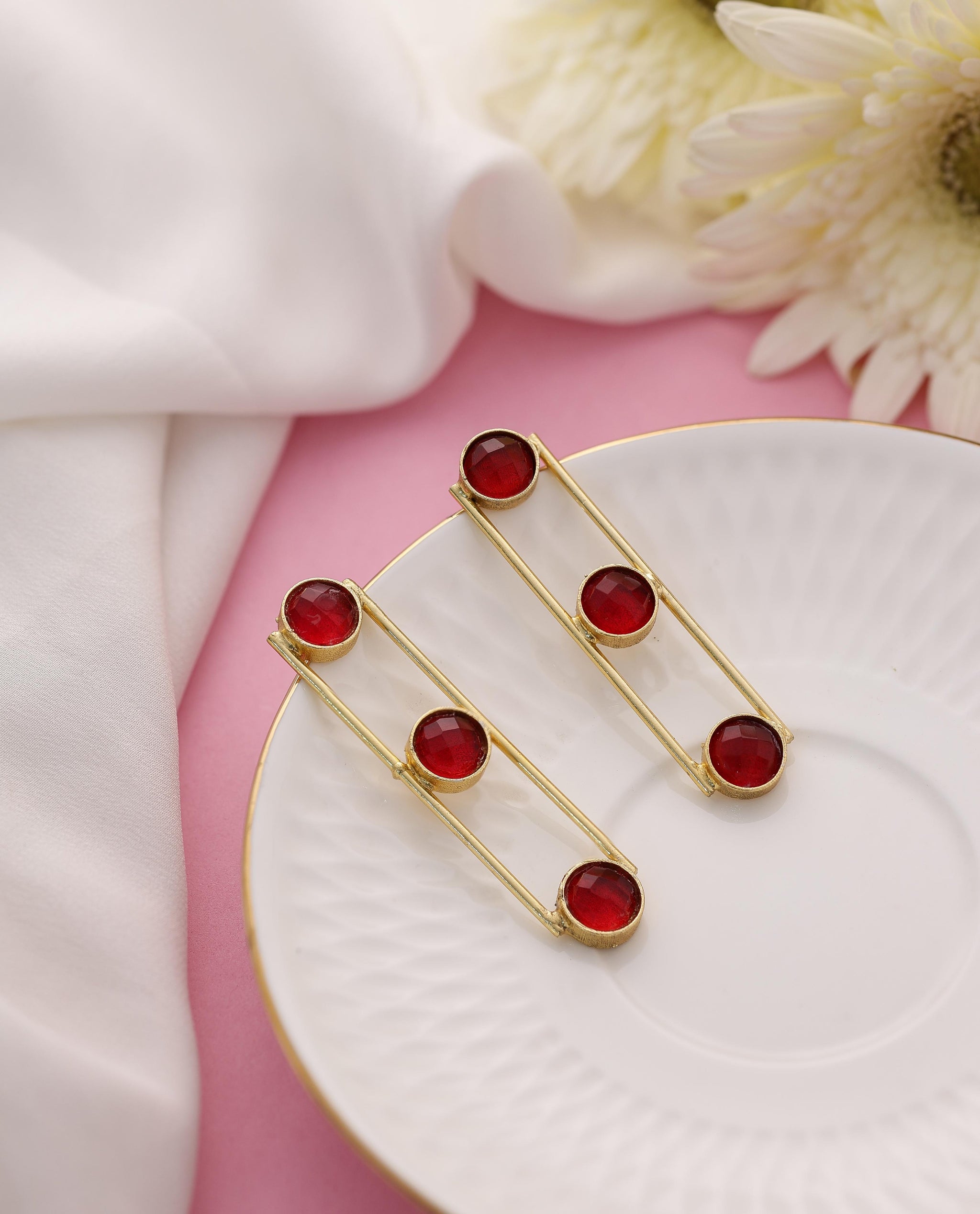 Tri Stone Dangle Earrings-Red