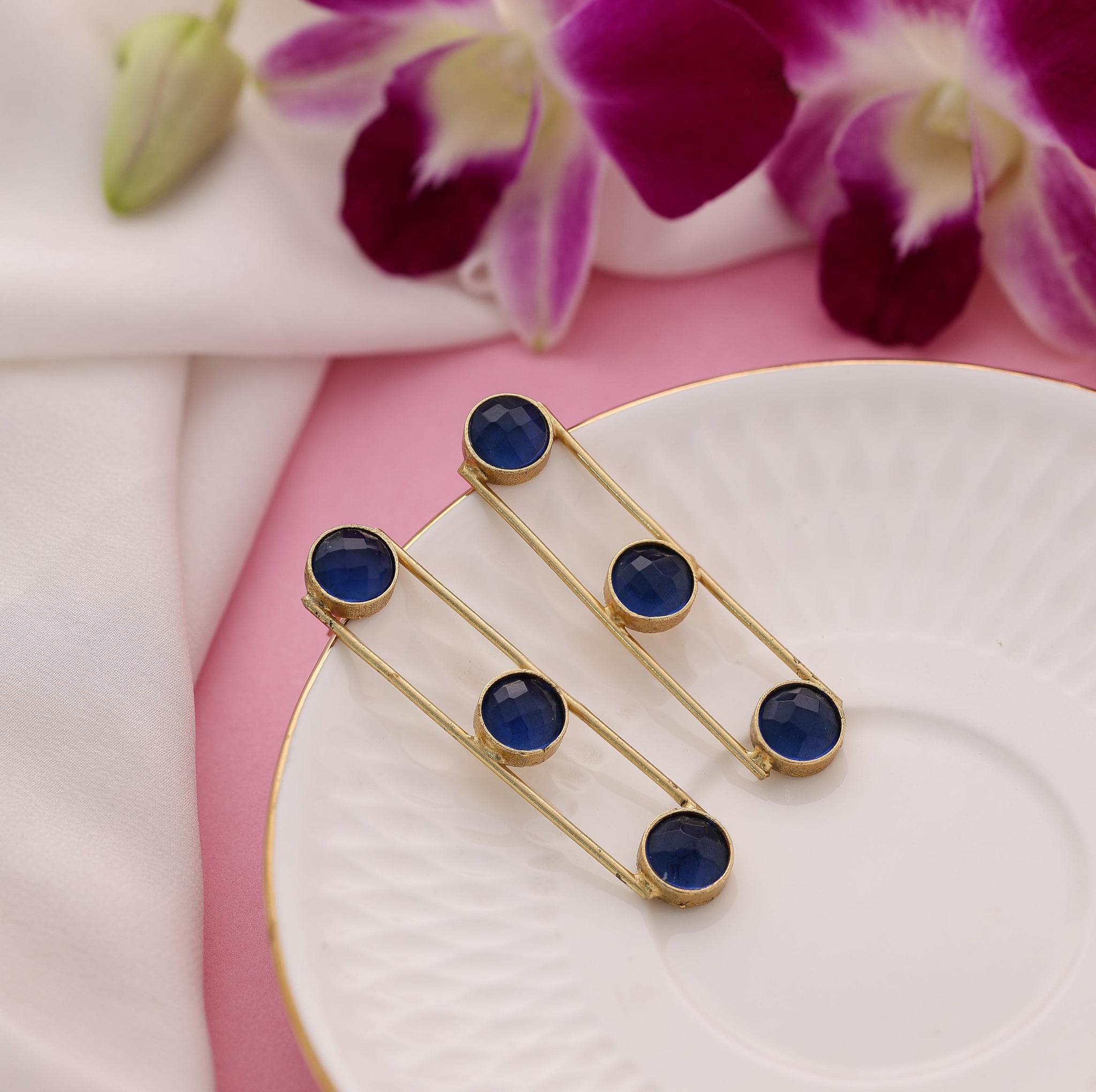 Tri Stone Dangle Earrings-Blue