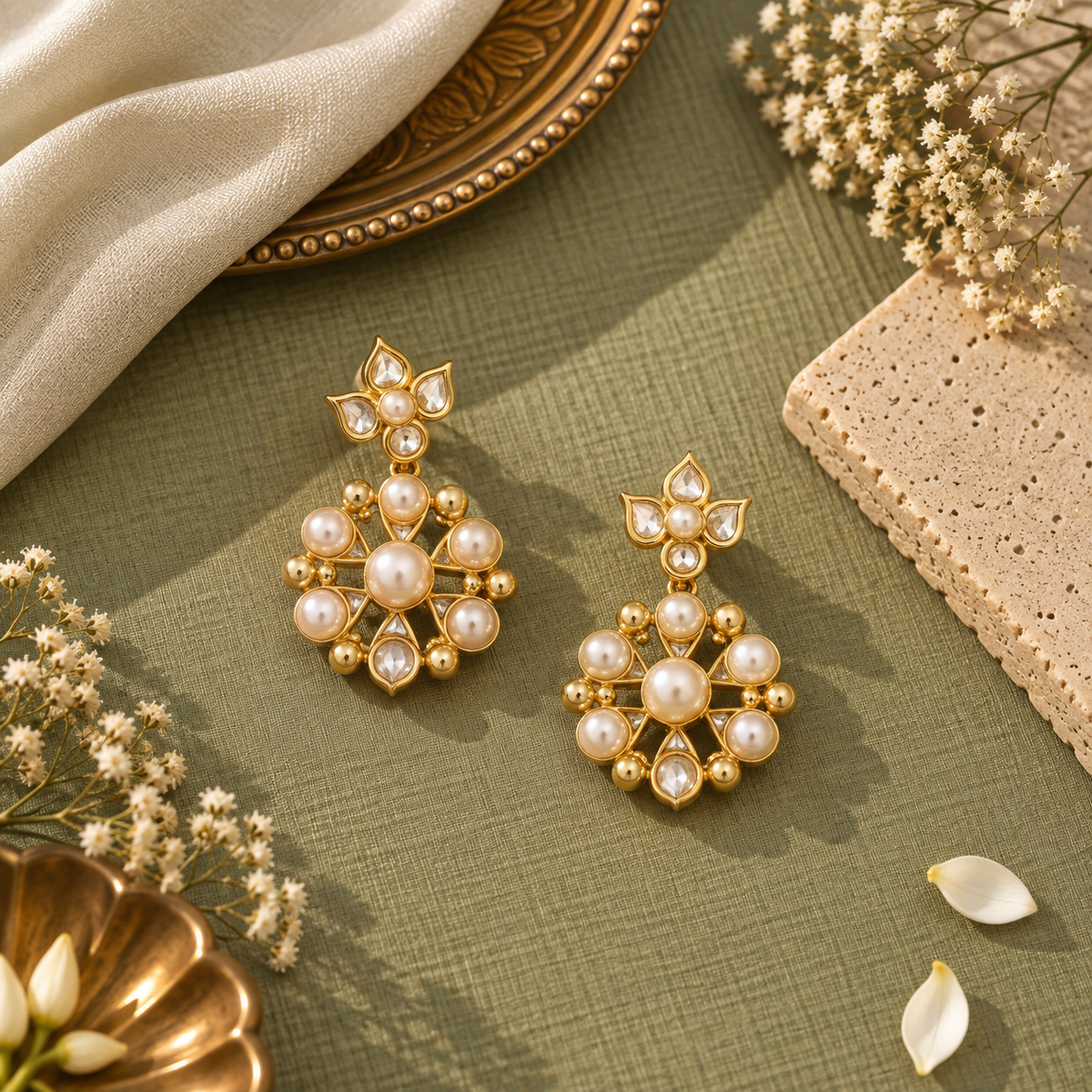 Gold Tone Pearl Studded Floral Earrings