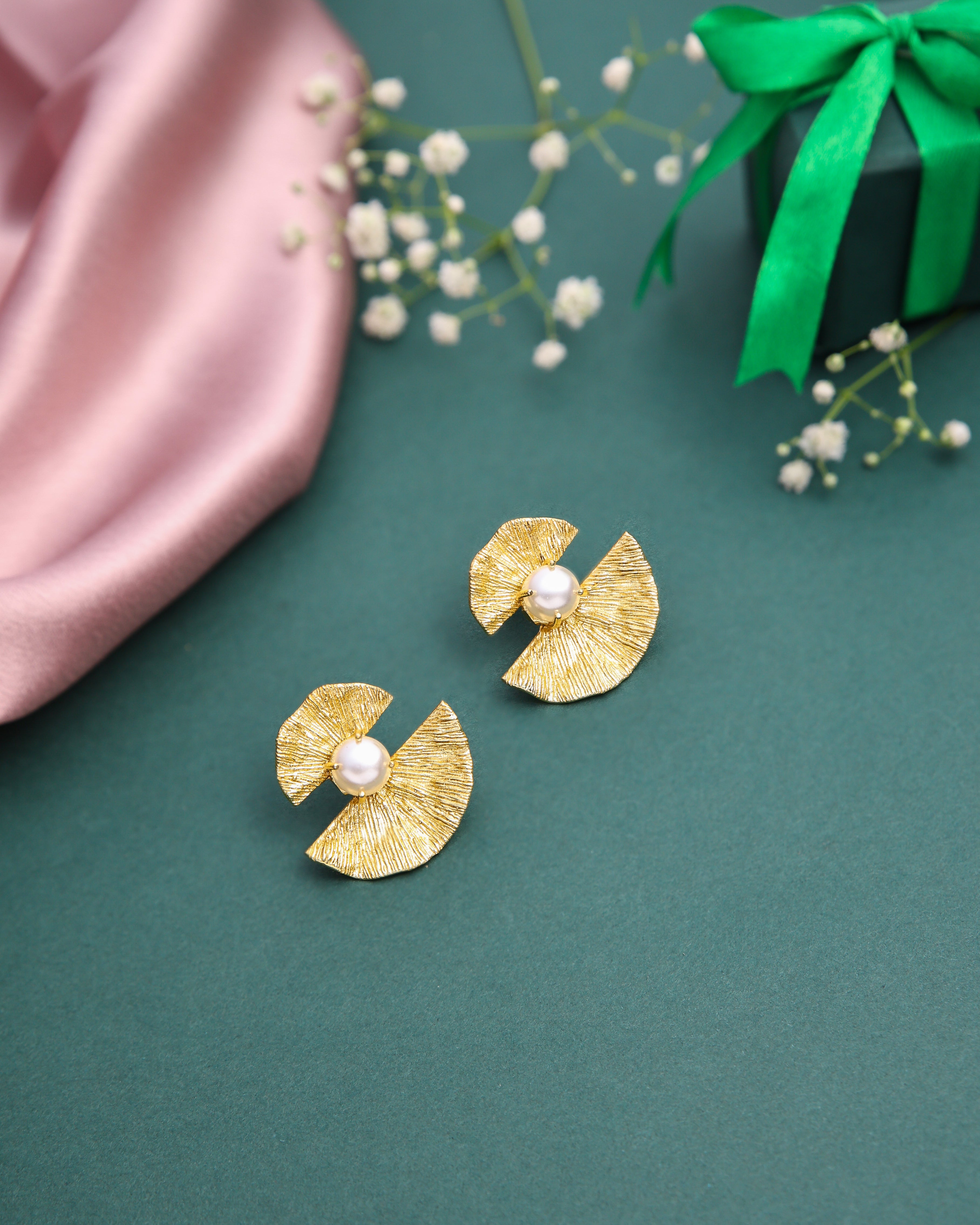 Pearl Studded Textured Bow Earrings