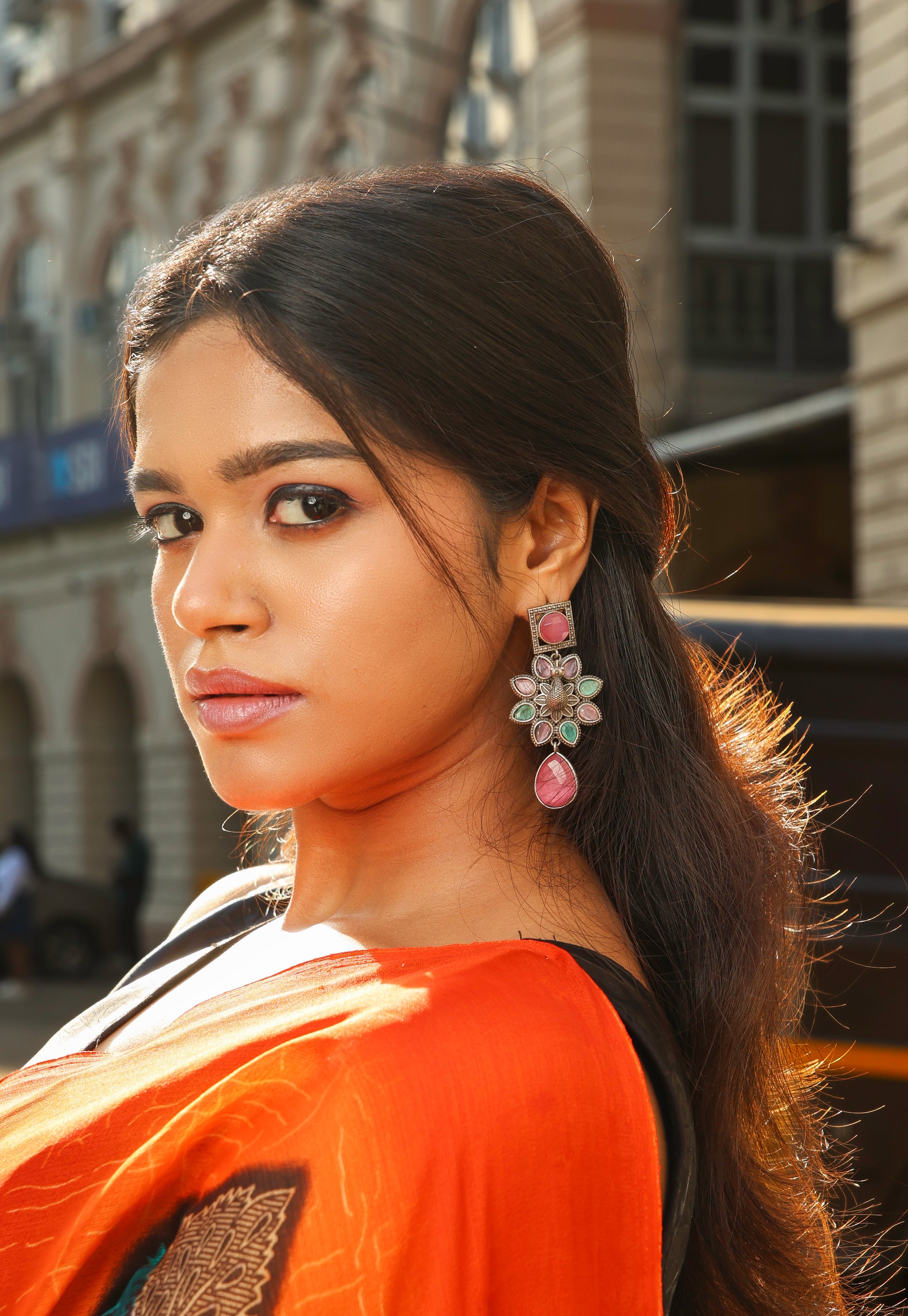 Pink Floral Antique design Oxidised Earrings