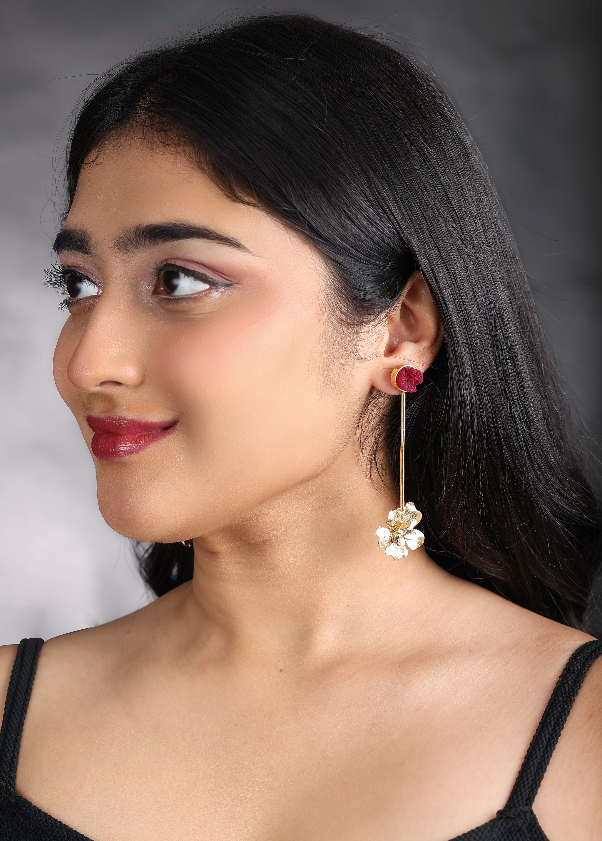 Stone & Flower Updown Earrings-R