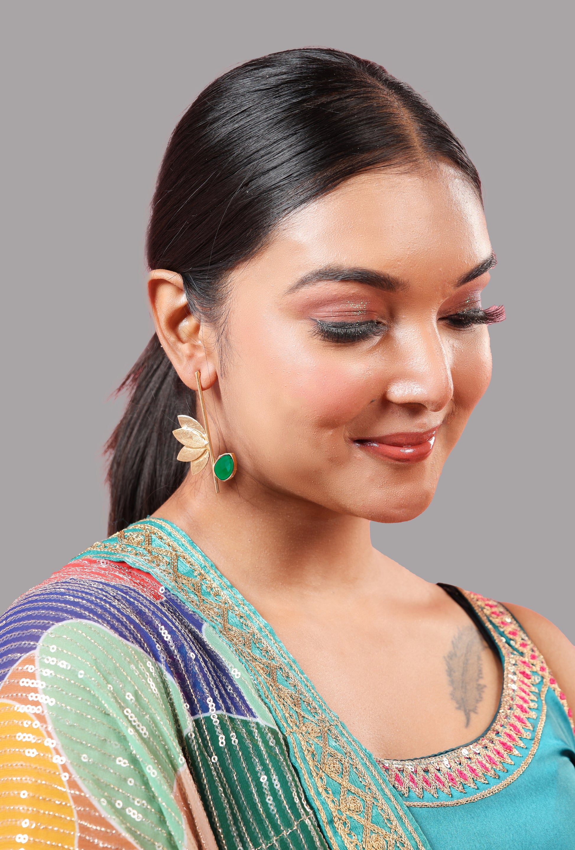 Lotus Stone Dangle Earrings-Green
