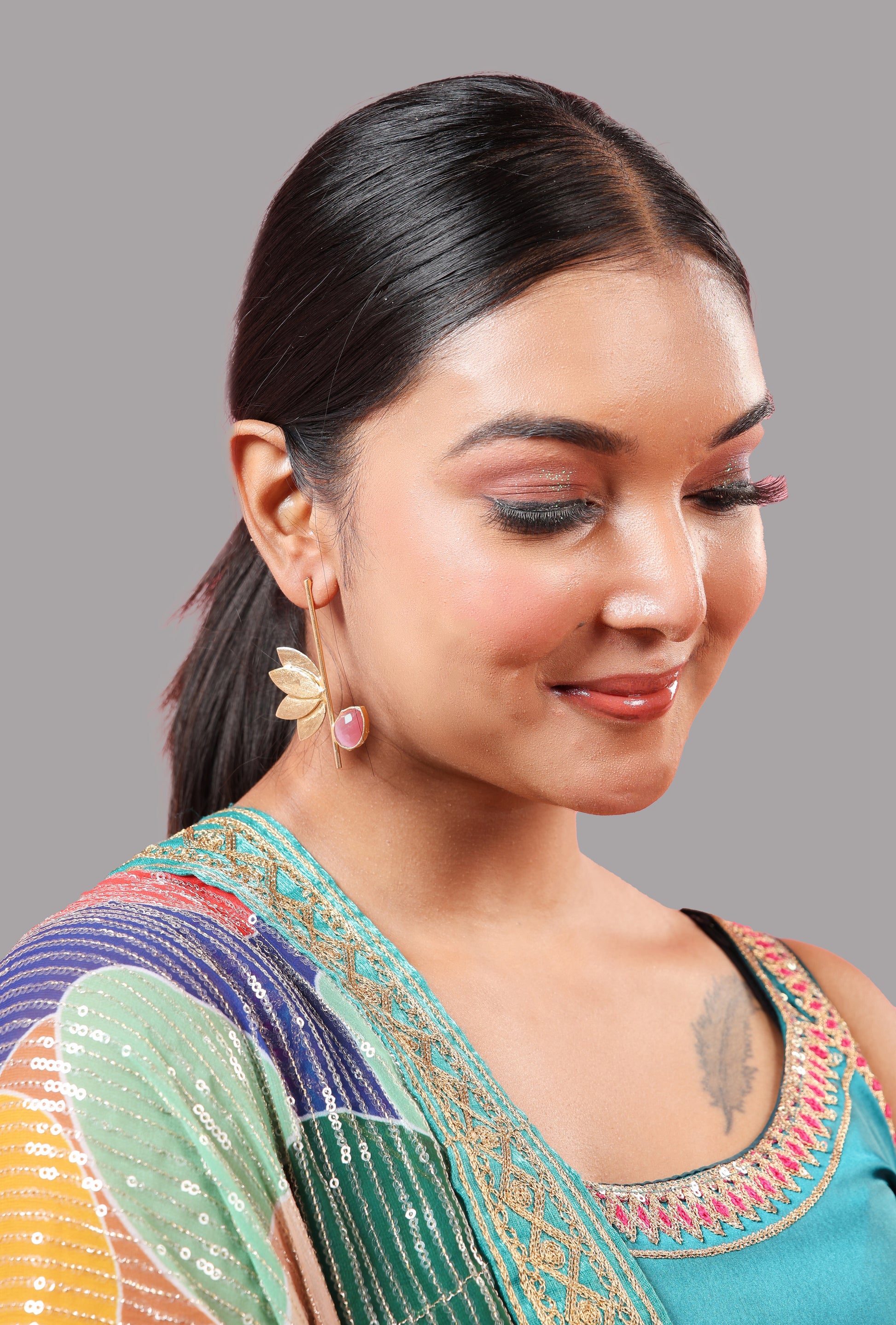 Lotus Stone Dangle Earrings-Pink